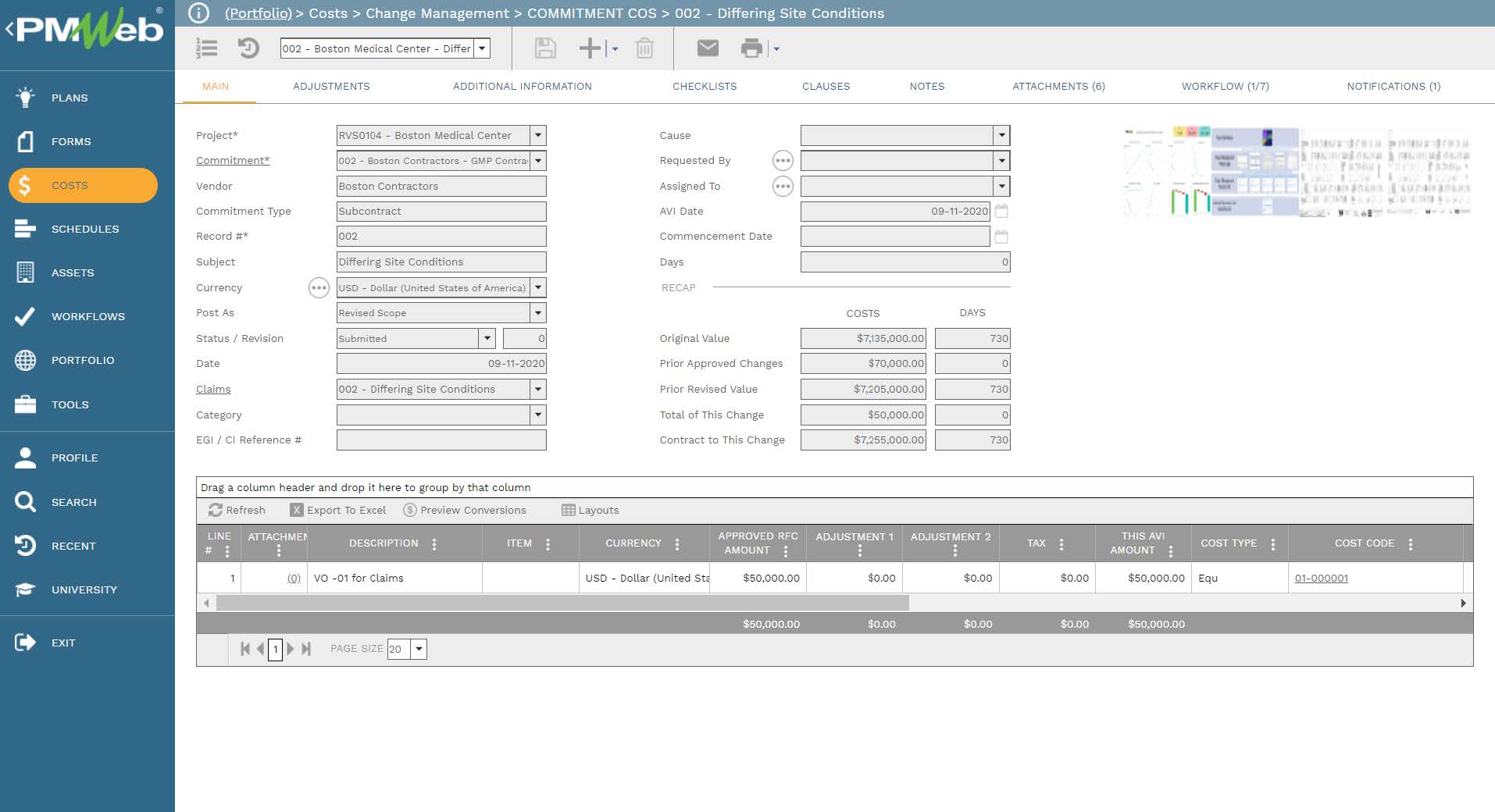 PMWeb 7 Costs Change Managment Commitment COS Differing Site Conditions 
Main