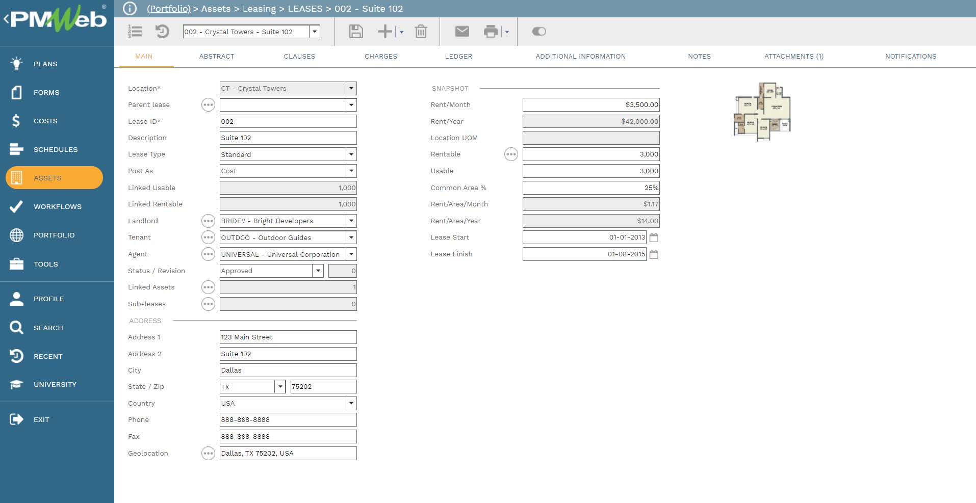 PMWeb 7 Assets Leasing Leases 002 Suite 102 
Main 