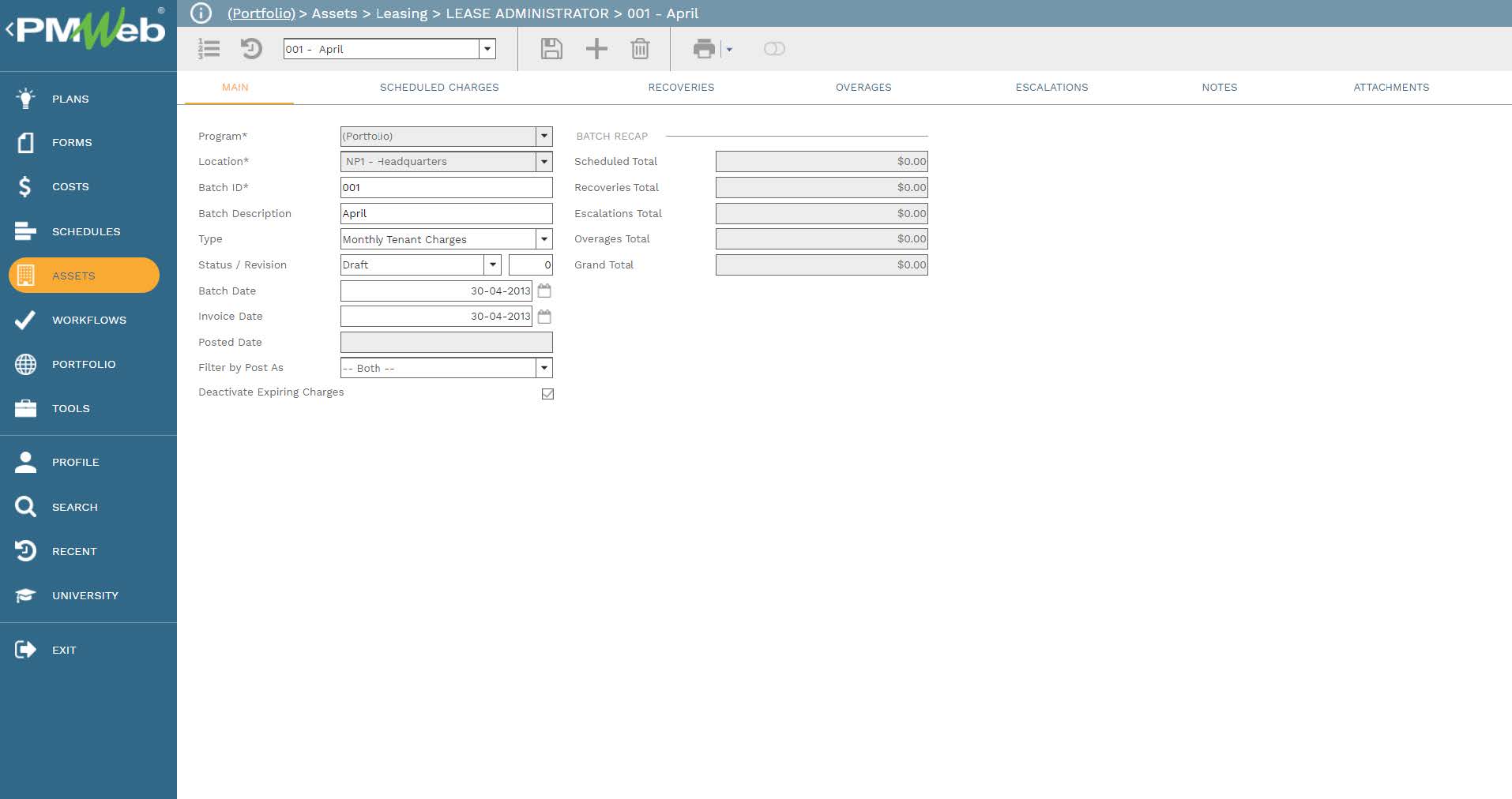 PMWeb 7 Assets Leasing Leases Administrator 001 April 
Main