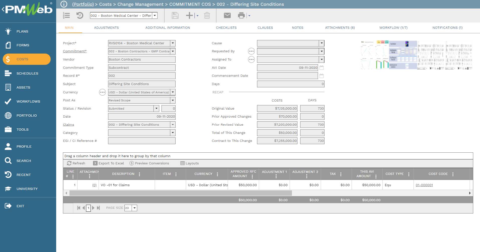 PMWeb 7 Costs Change management Commitment COS Differing Site Conditions 
Main