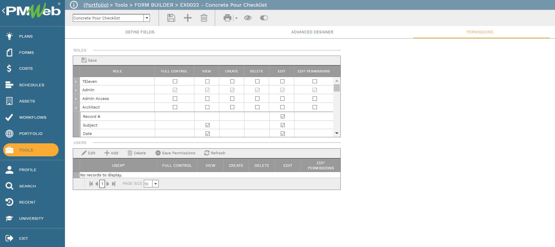 PMWeb 7 Tools Form Builder Ex0022 Concrete Pour Checklist 
Permissions 