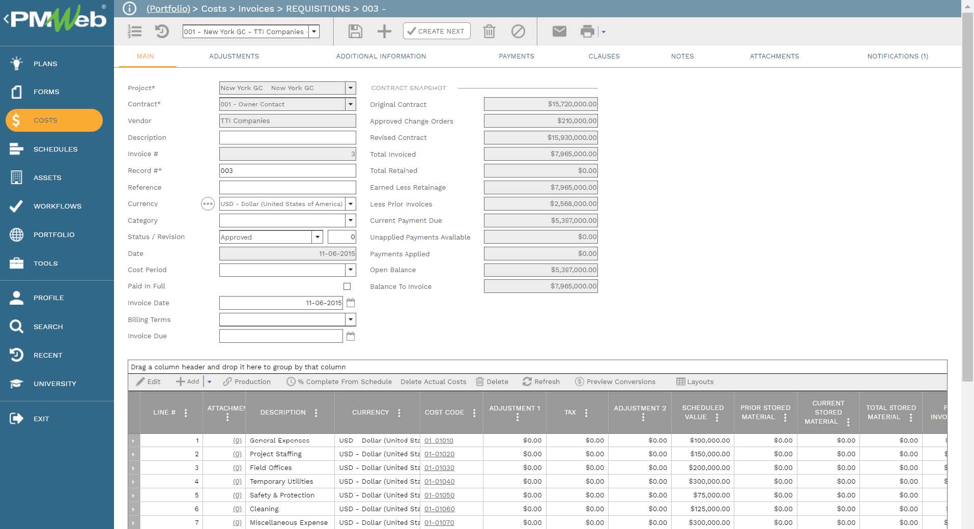 PMWeb 7 Costs Invoices Requisitions 
Main