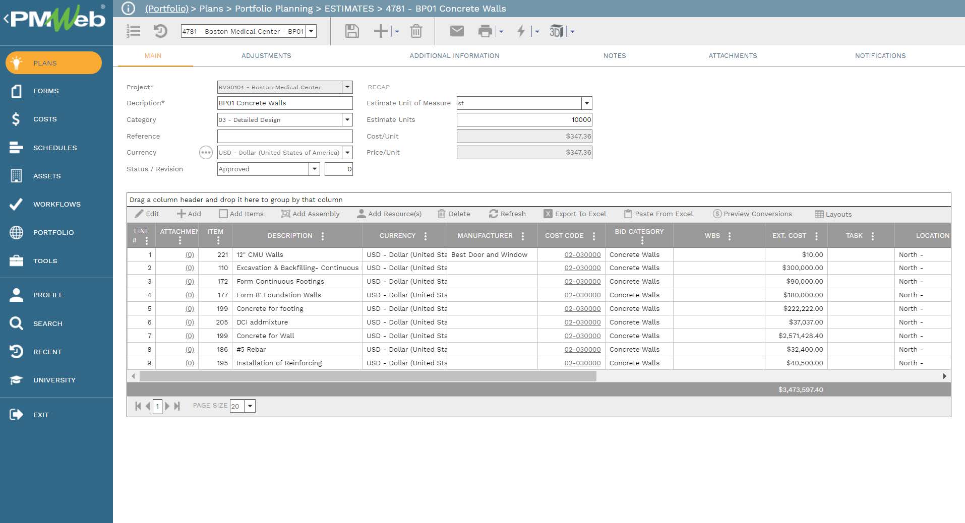 PMWeb 7 Plans Portfolio Planning Estimates Concrete Walls 
Main