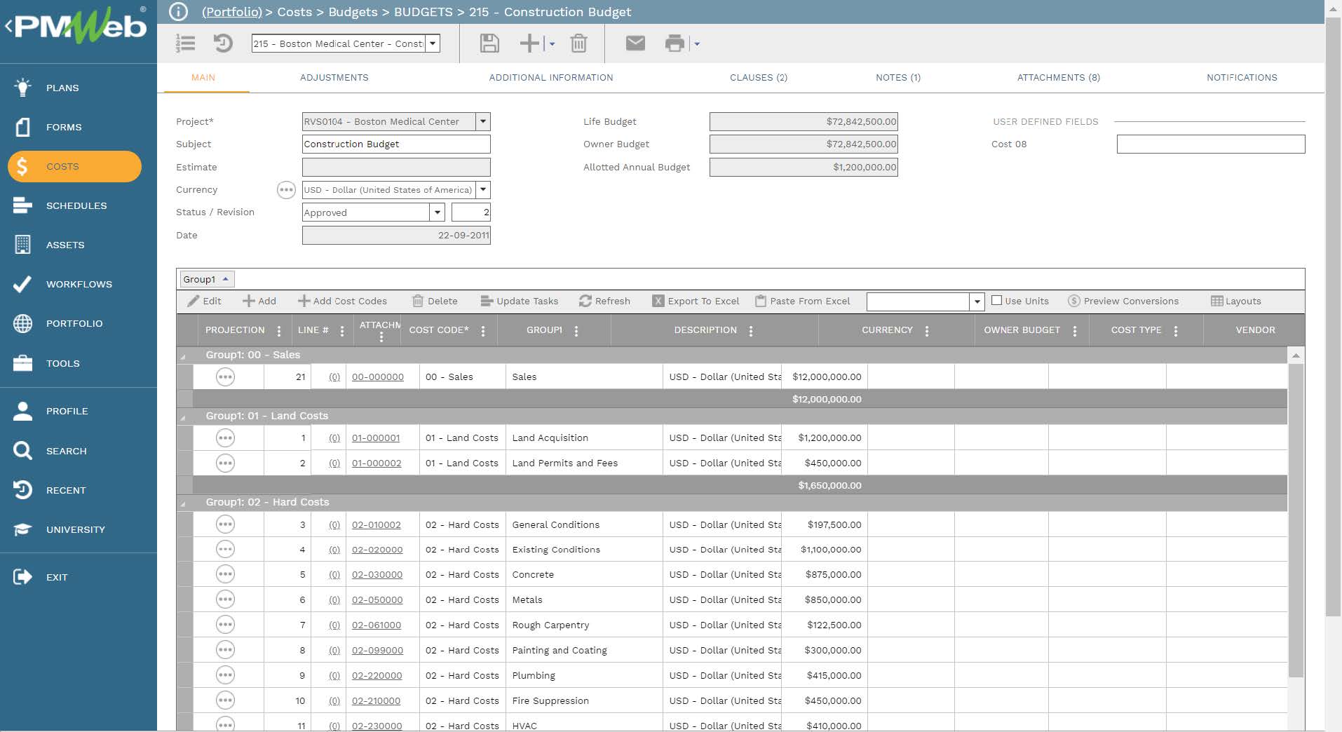 PMWeb 7 Costs Budgets Budgets Construction Budget
Main