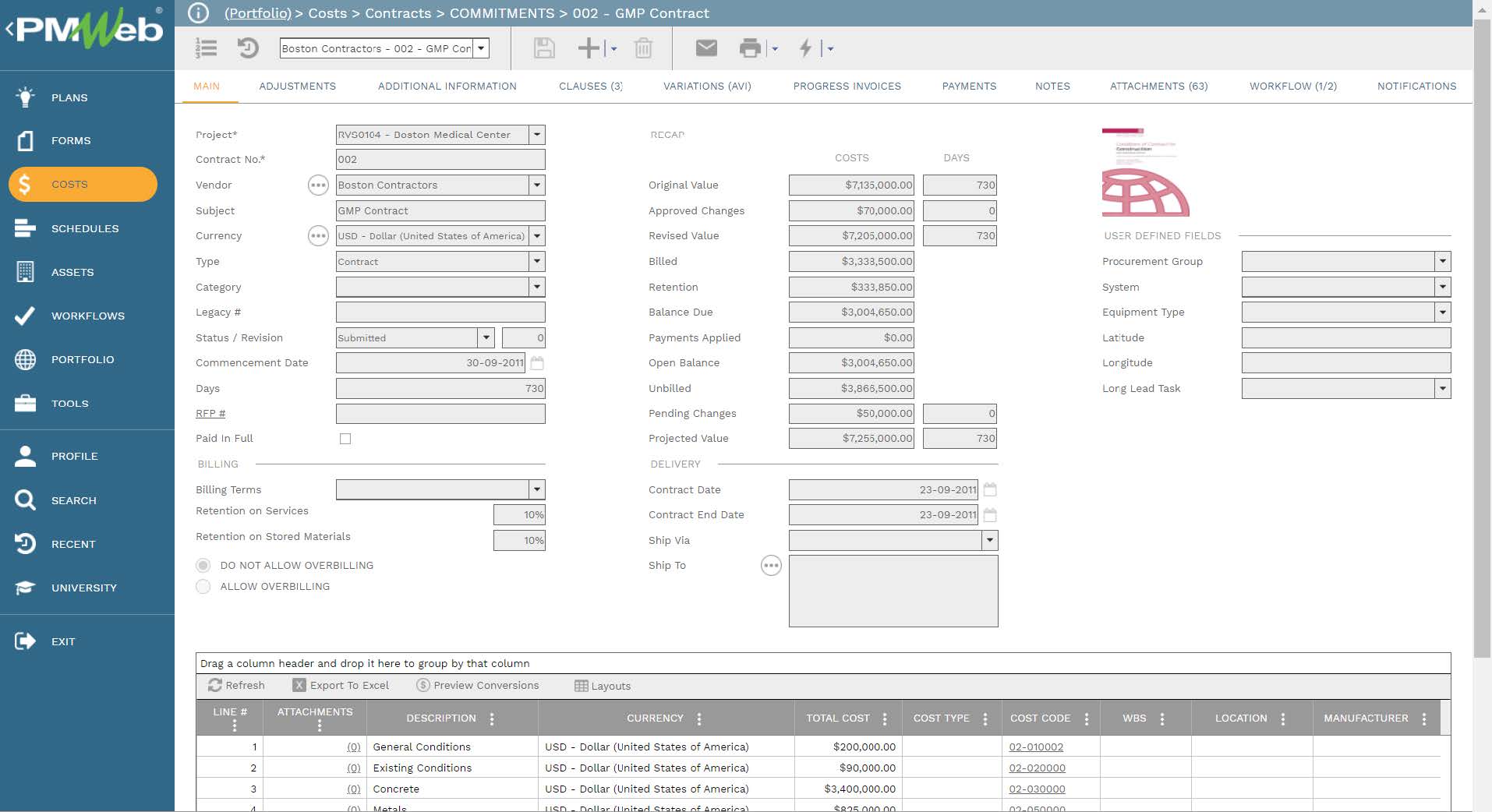 PMWeb 7 Costs Contracts Commitment GMP Contract