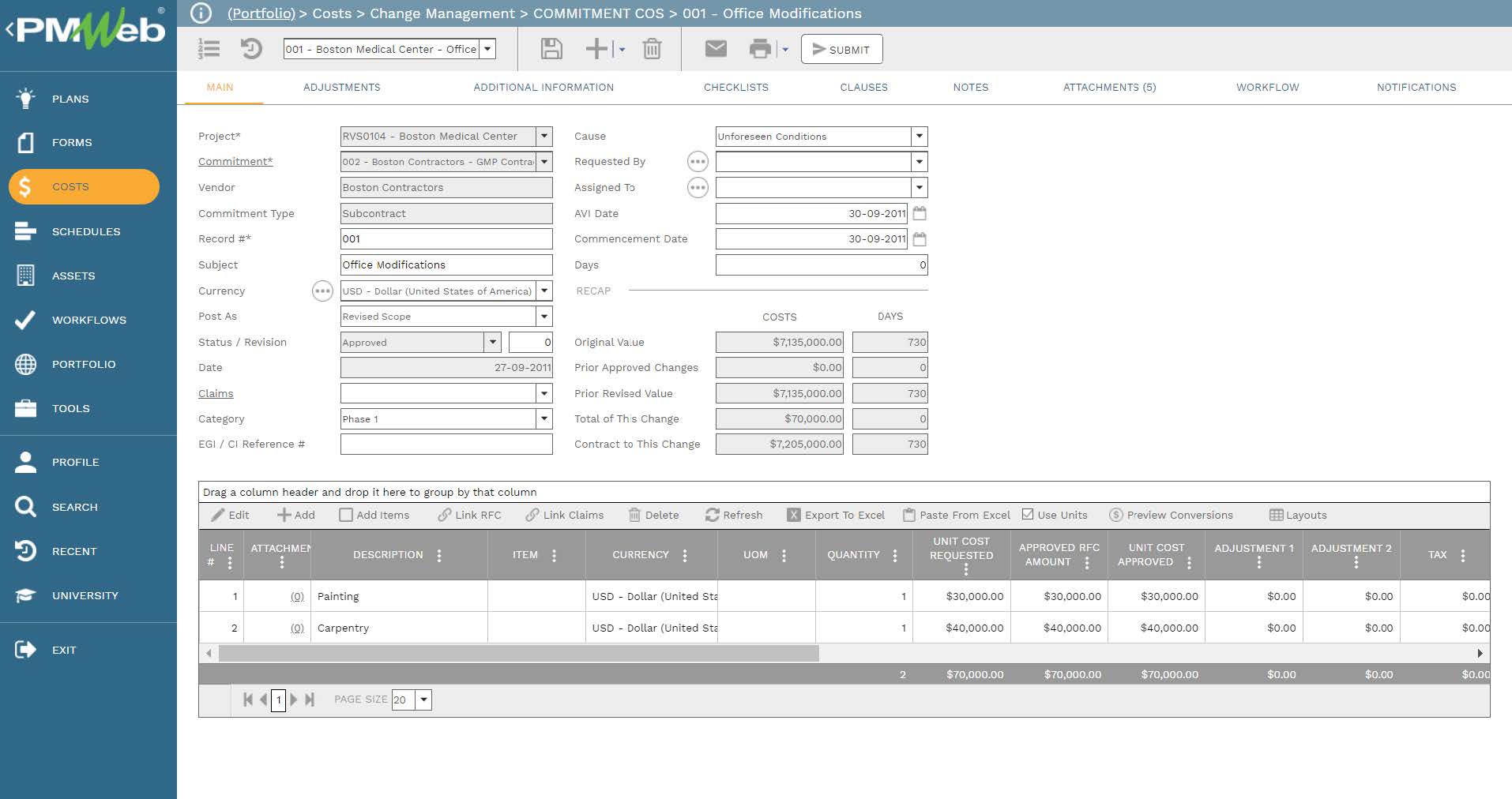 PMWeb 7 Costs Change Management Commitment COS Office Modifications 
Main