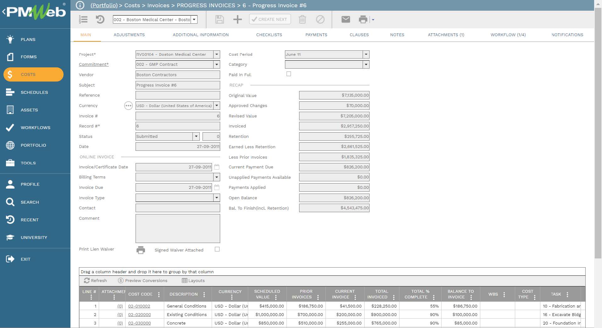 PMWeb 7 Costs Invoices Progress Invoices Progress Invoice 
Main
