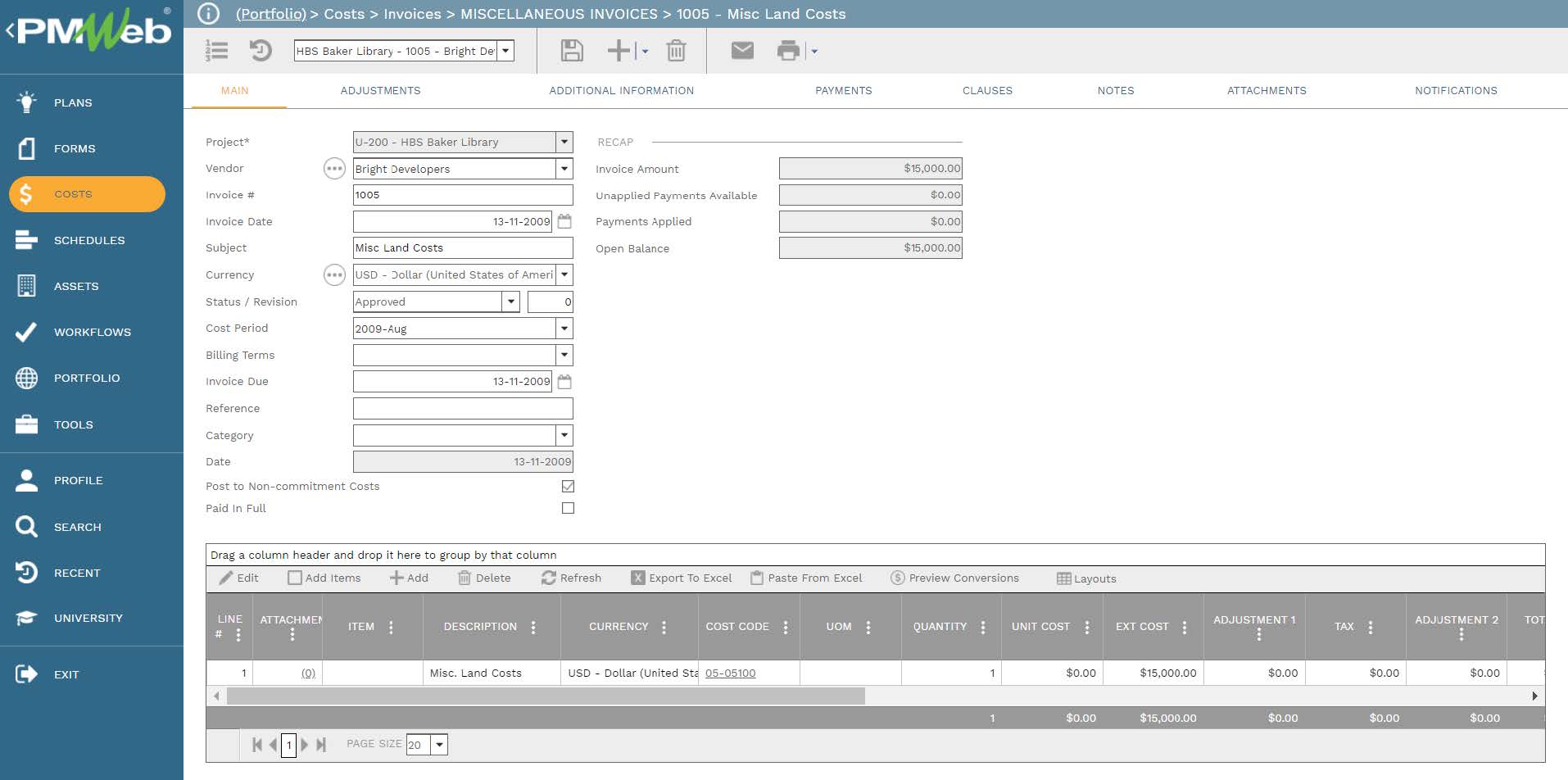 PMWeb 7 Costs Invoices Miscellaneous Invoices Misc Land Costs 
Main