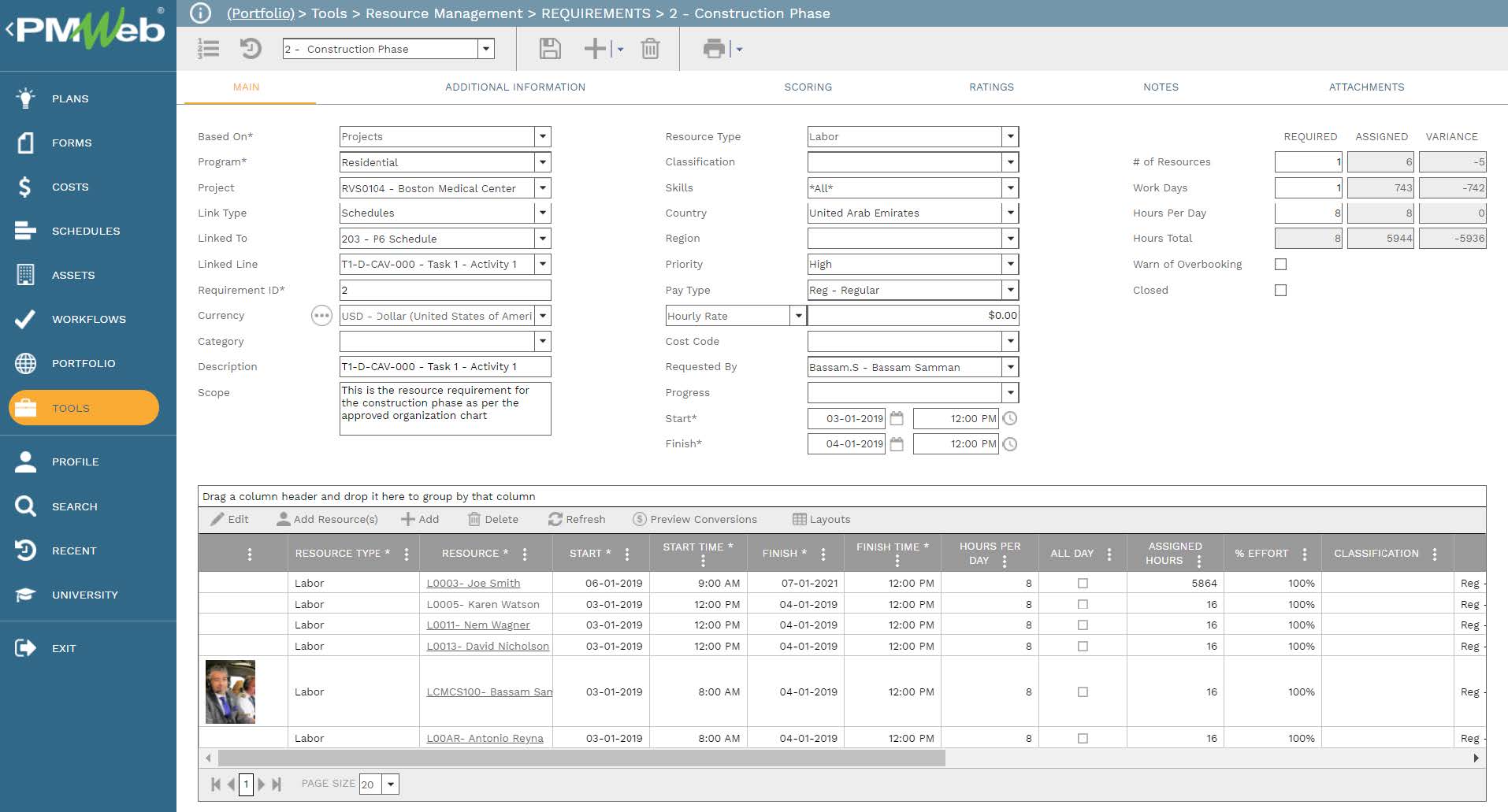 PMWeb 7 Tools Resource Management Requirements Construction Phase 
Main