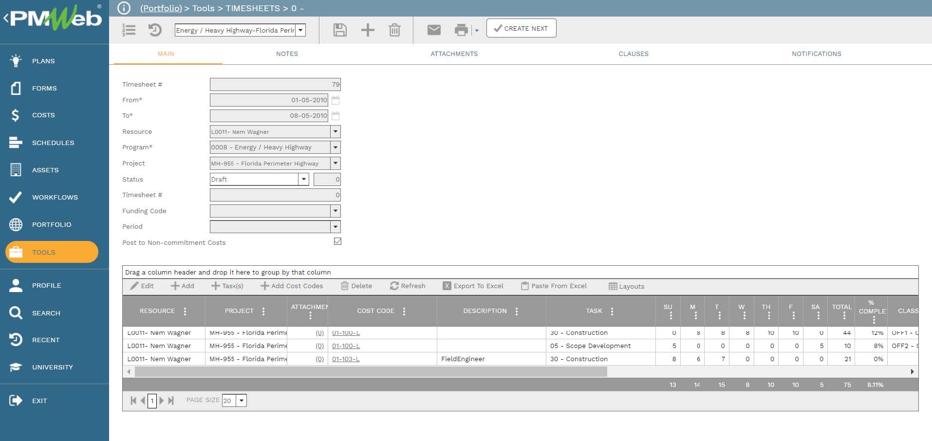 PMWeb 7 Tools Timesheets 
Main