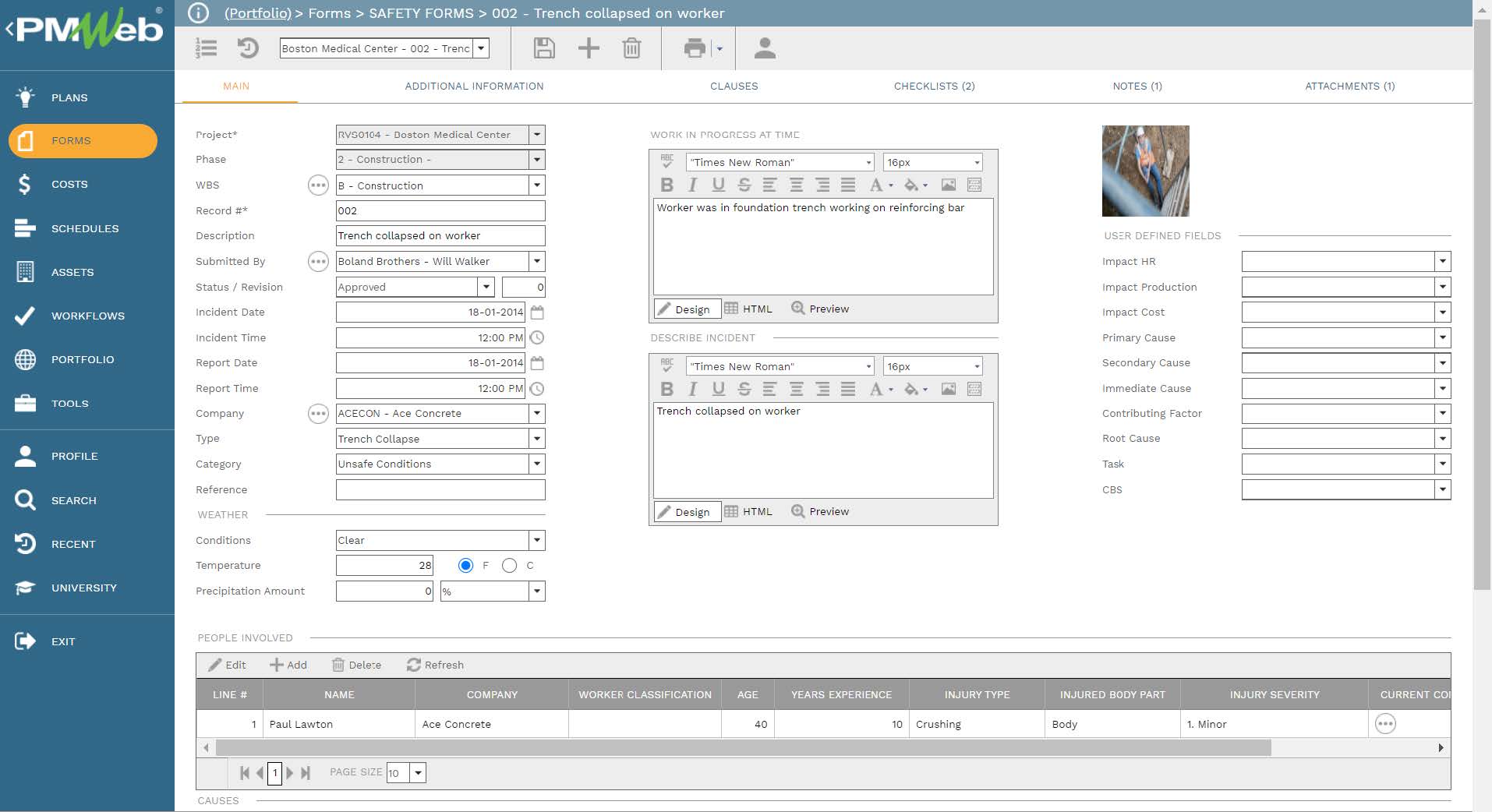 PMWeb 7 Forms Safety Forms Trench Collapsed on Worker 
Main