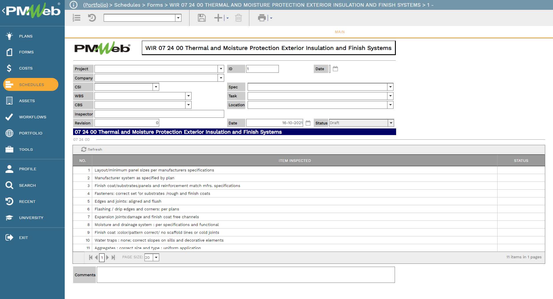 PMWeb 7 Schedules Forms WIR Thermal and Moisture Exterior Insulation and Finish Systems 
Main 