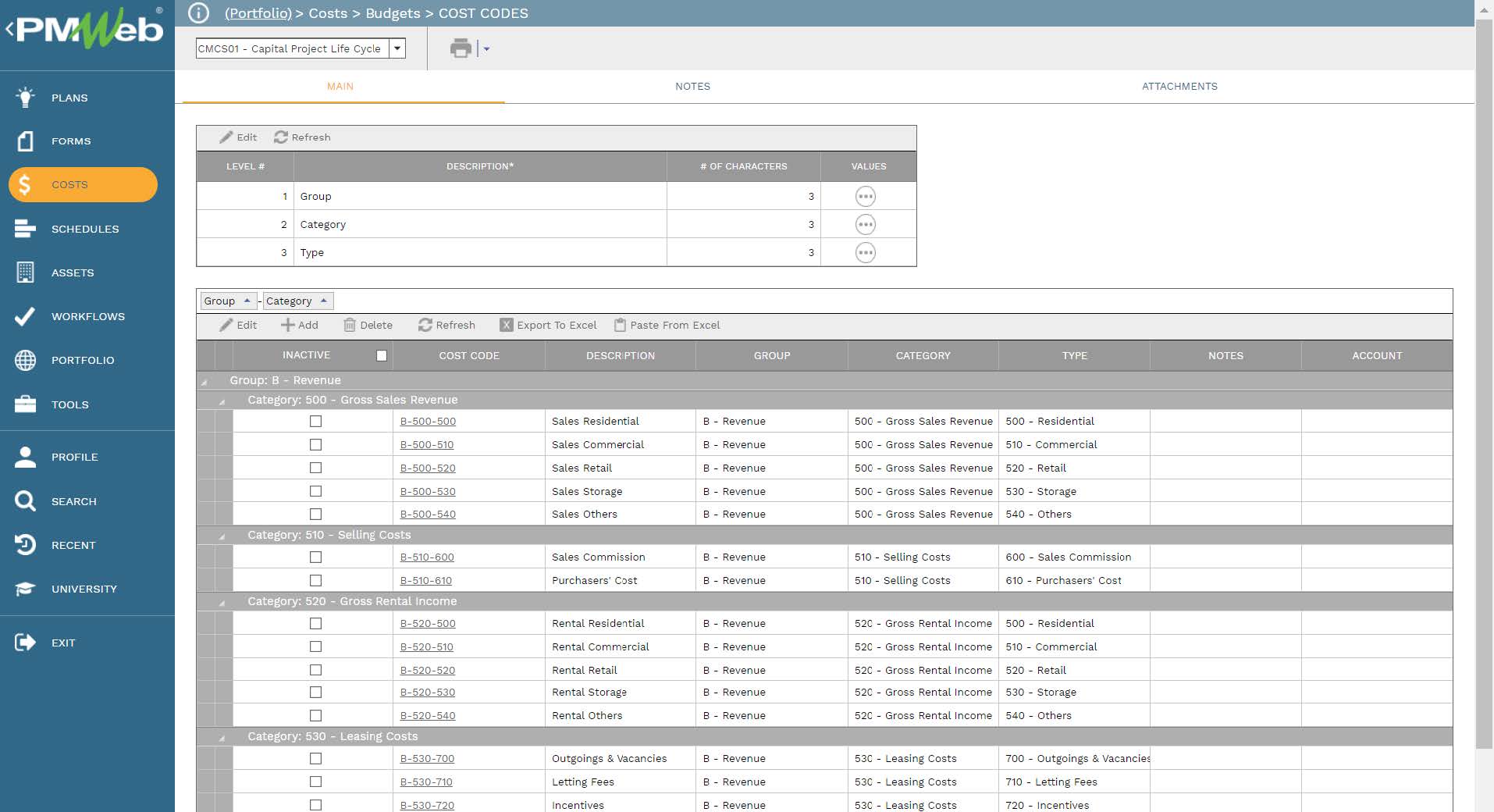 PMWeb 7 Costs Budgets Cost Codes 
Main