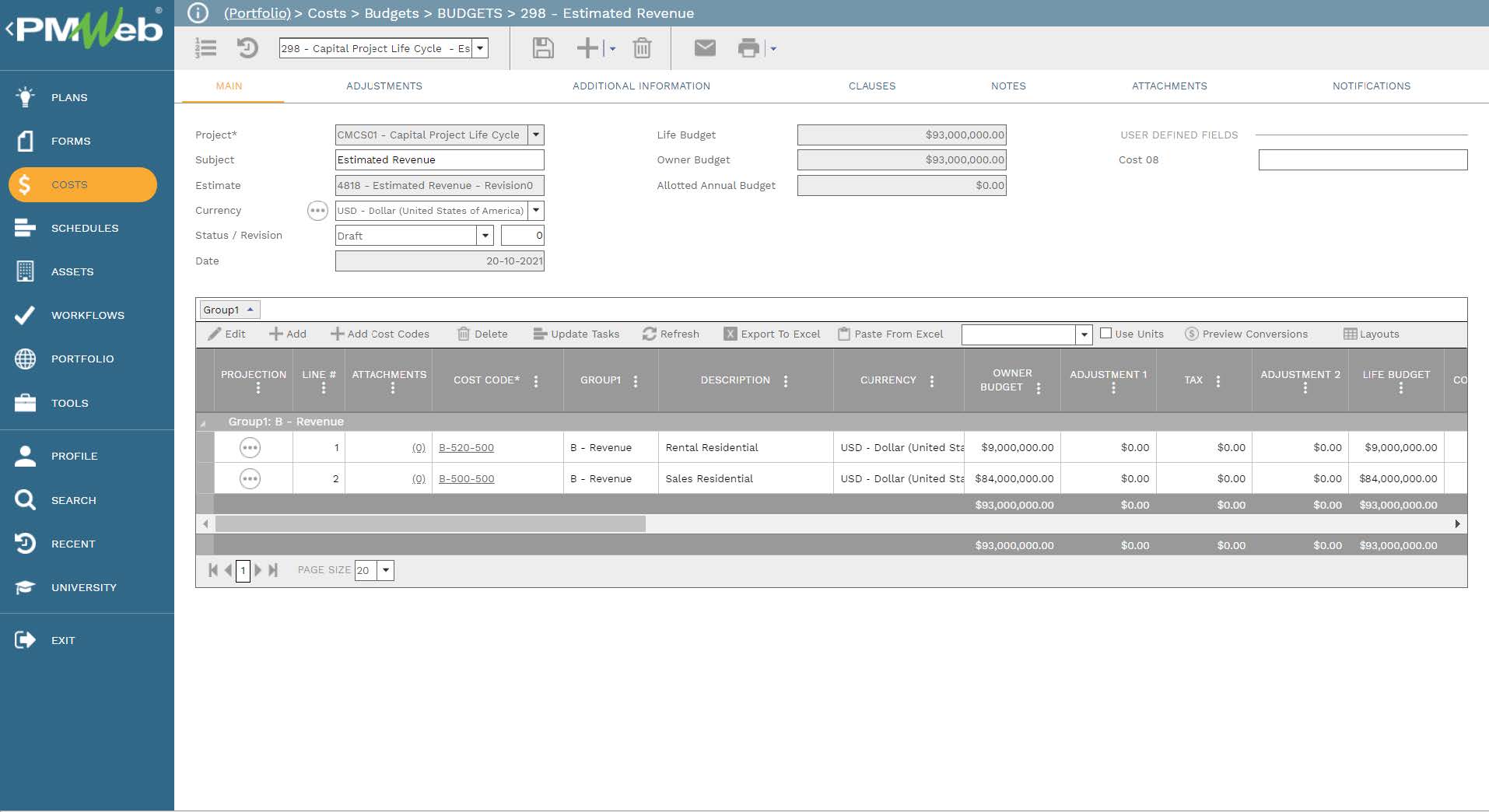 PMWeb 7 Costs Budgets Estimated Revenue 
Main 