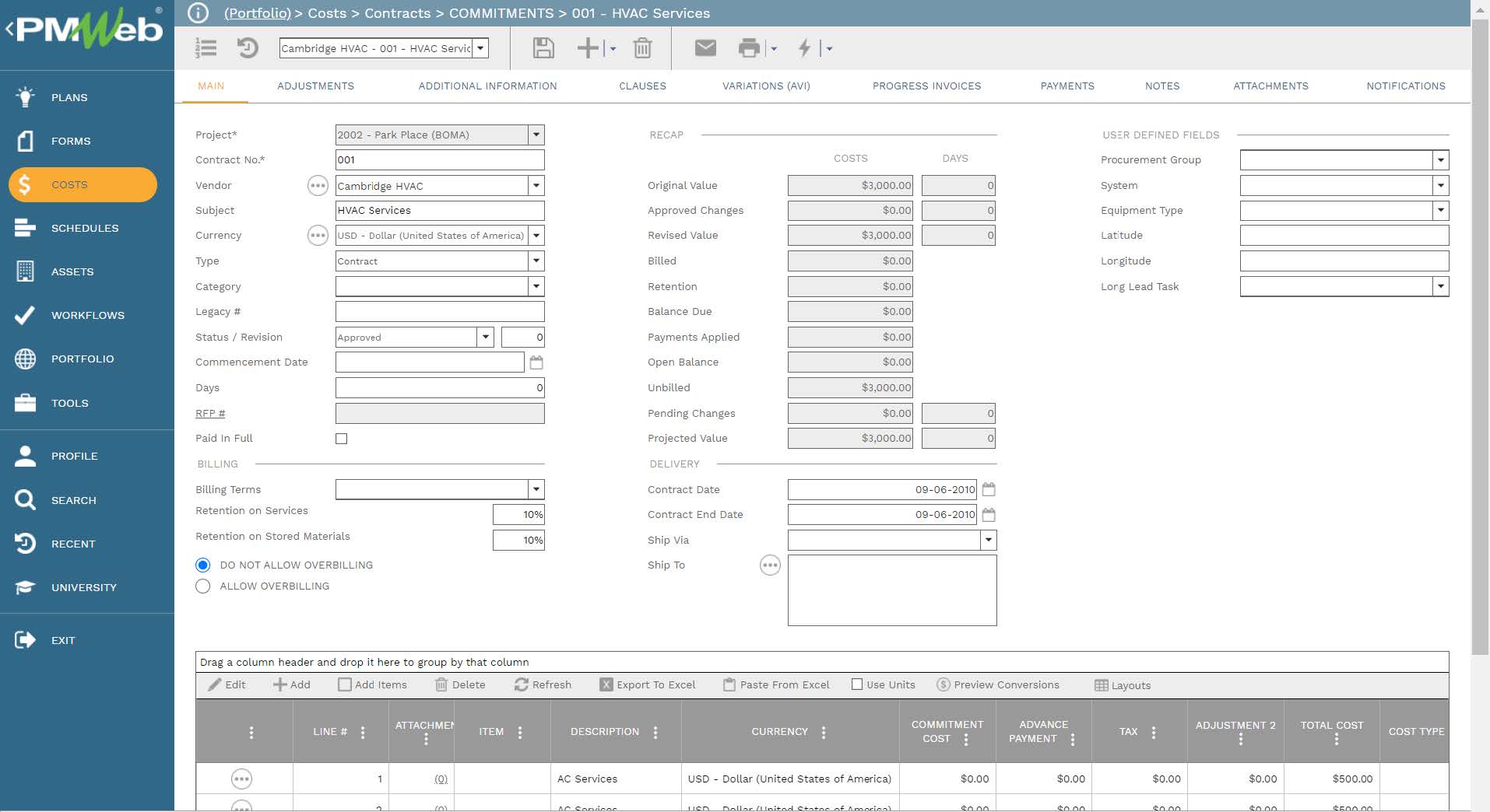 PMWeb 7 Costs Contracts Commitments HVAC Services 
Main 