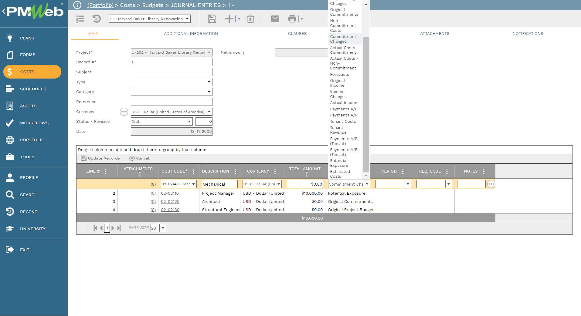 PMWeb 7 Costs Budgets Journal Entries 
Main 