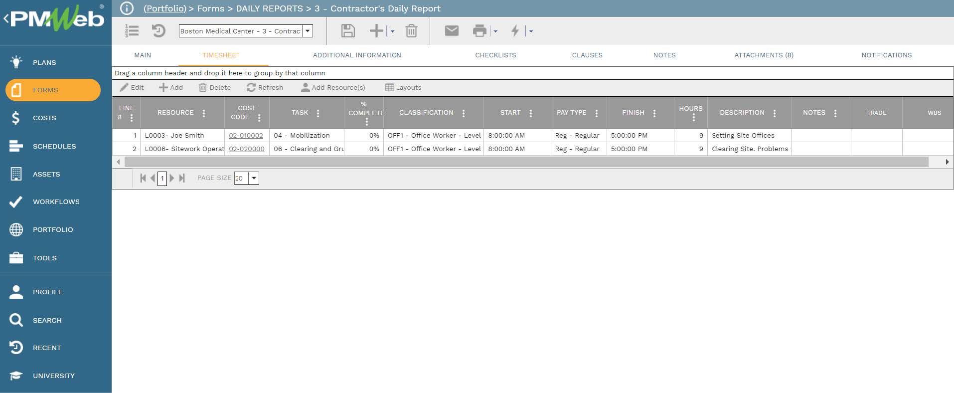 PMWeb 7 Forms Daily Reports Contractor's Daily Report 
Timesheet 