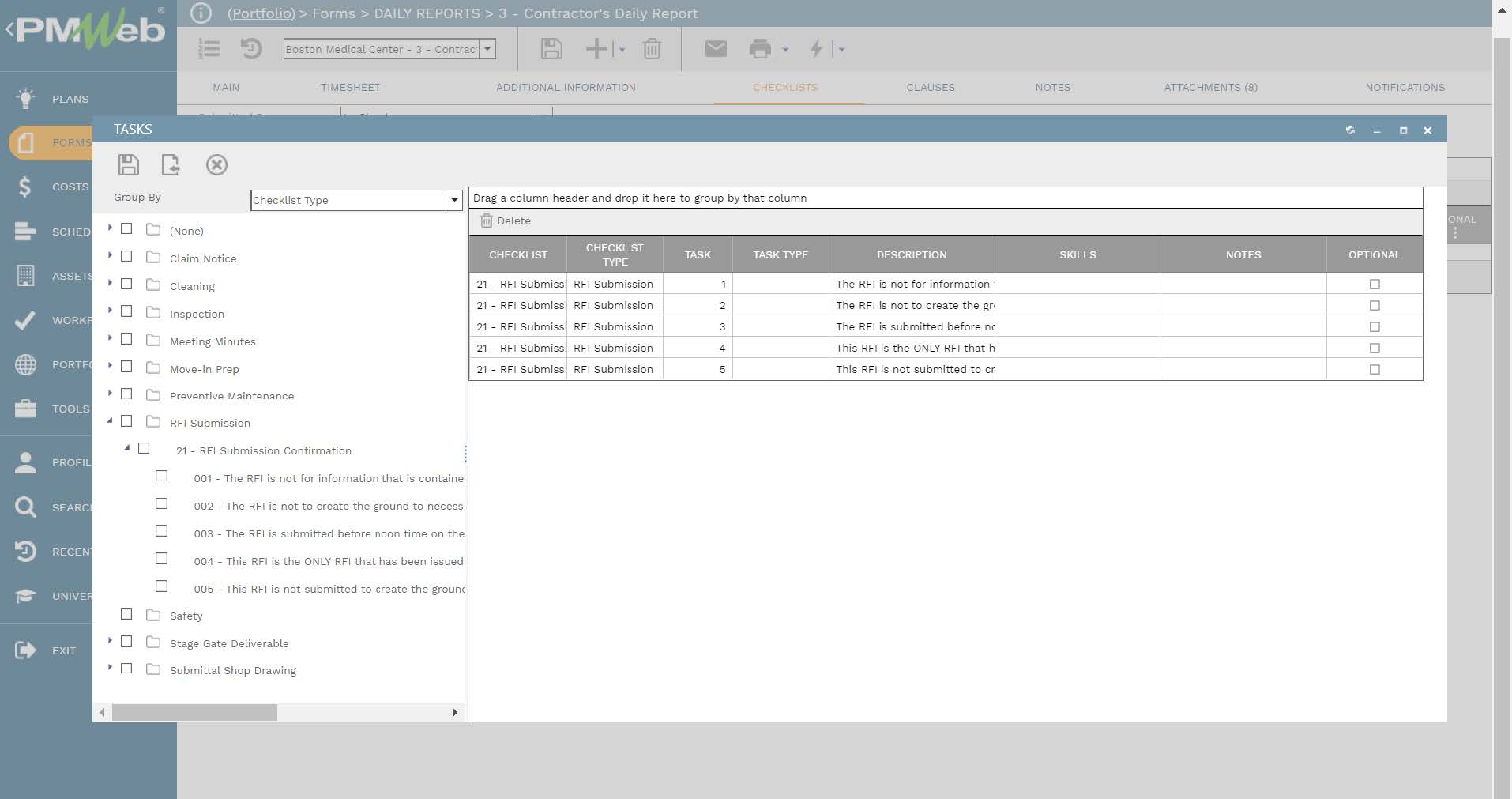 PMWeb 7 Forms Daily Reports Contractor's Daily Report 
Checklist Tasks