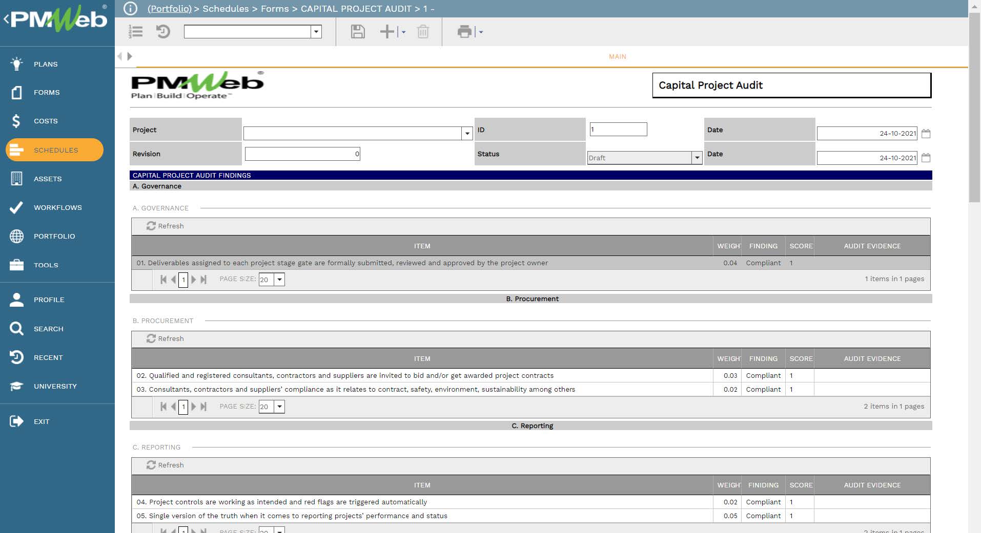 PMWeb 7 Schedules Forms Capital Project Audit 
MAin