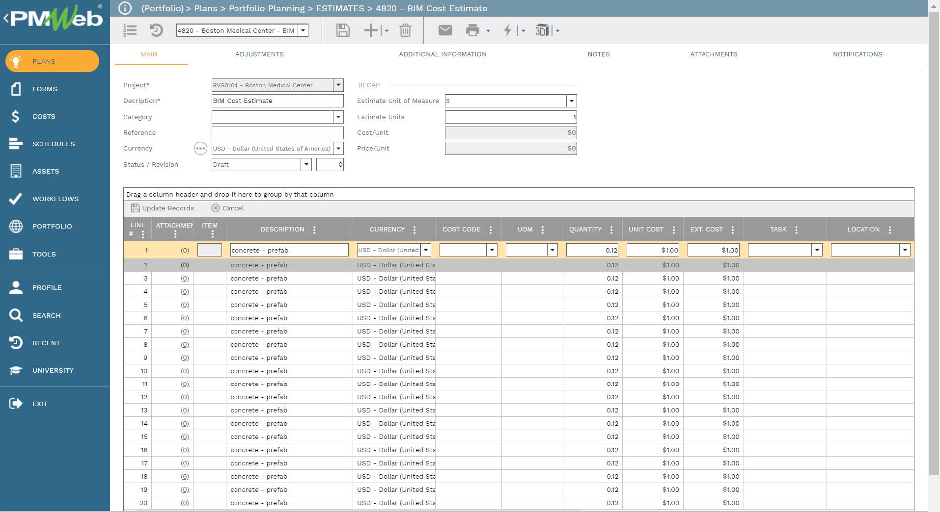 PMWeb 7Plans Portfolio Planning Estimates BIM Cost Estimate 
Main