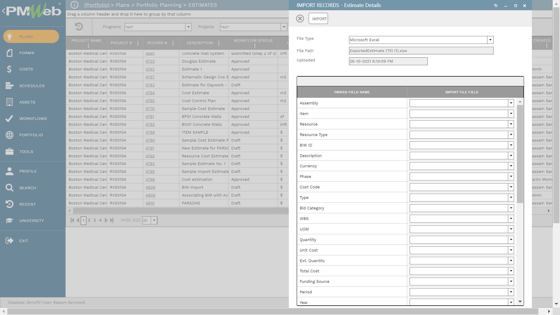 PMWeb 7 Plans Portfolio Planning Estimates 
Import Records Estimate Details 