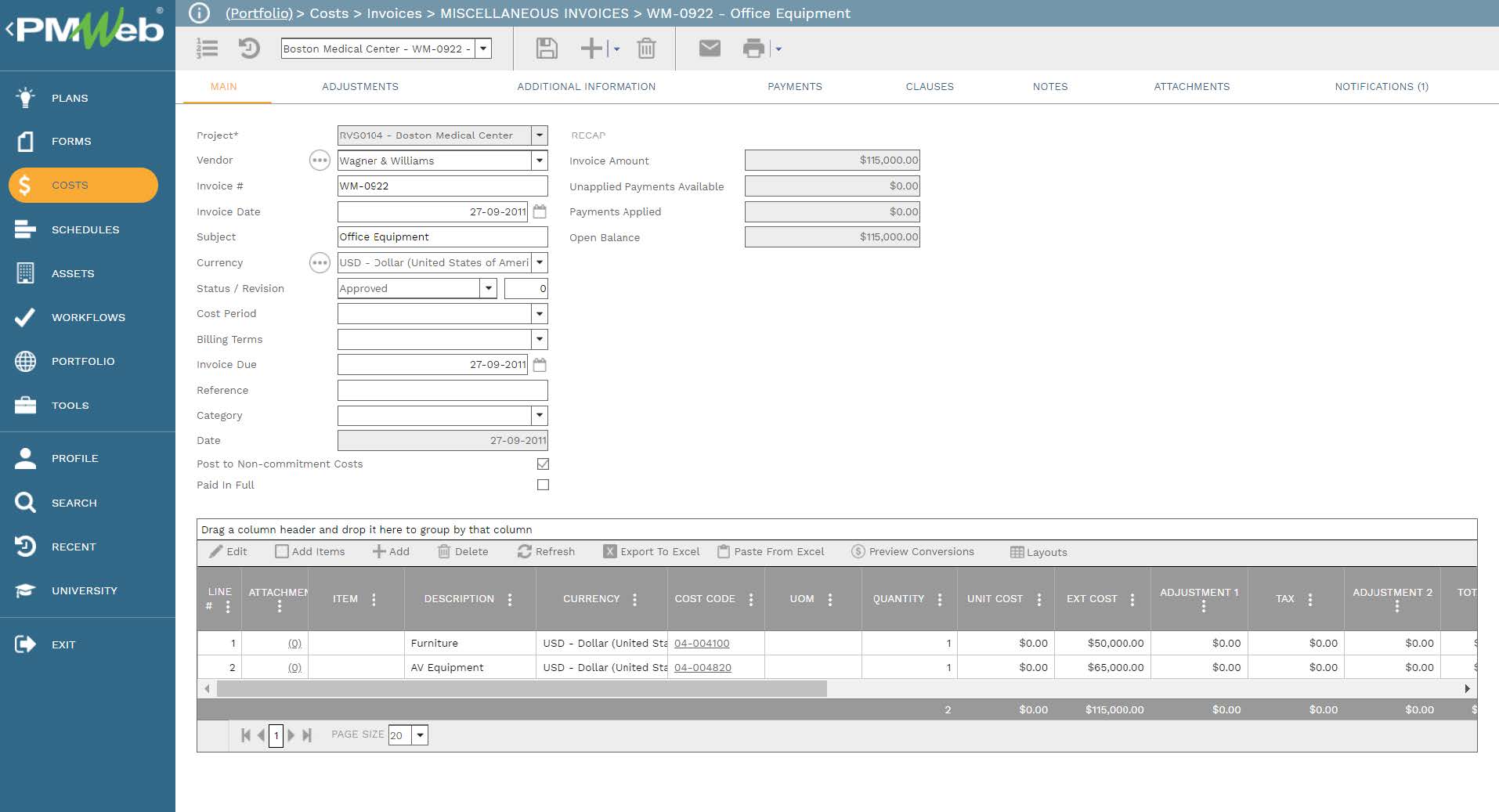 PMWeb 7 Costs Invoices Miscellaneous Invoices Office Equipment 
Main