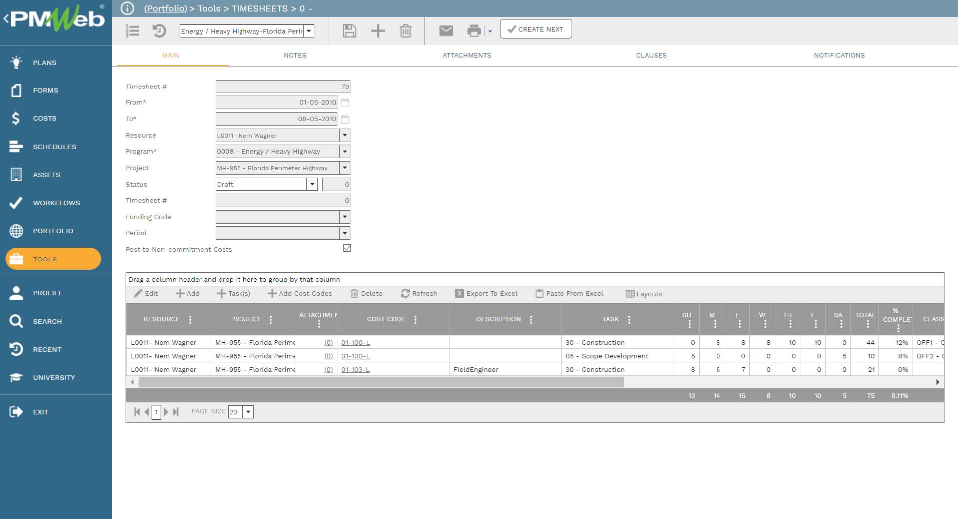 PMWeb 7 Tools Timesheets 
Main 