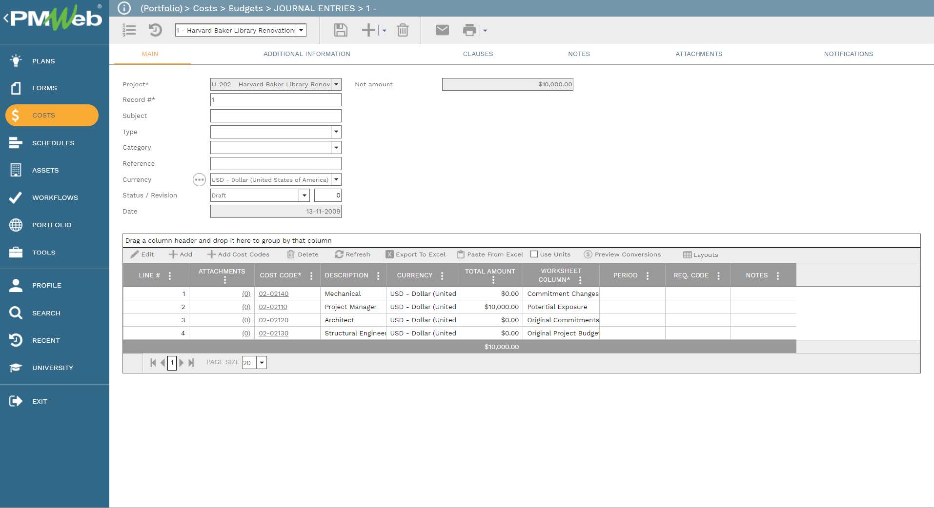 PMWeb 7 Costs Budgets Journal Entires 
Main 