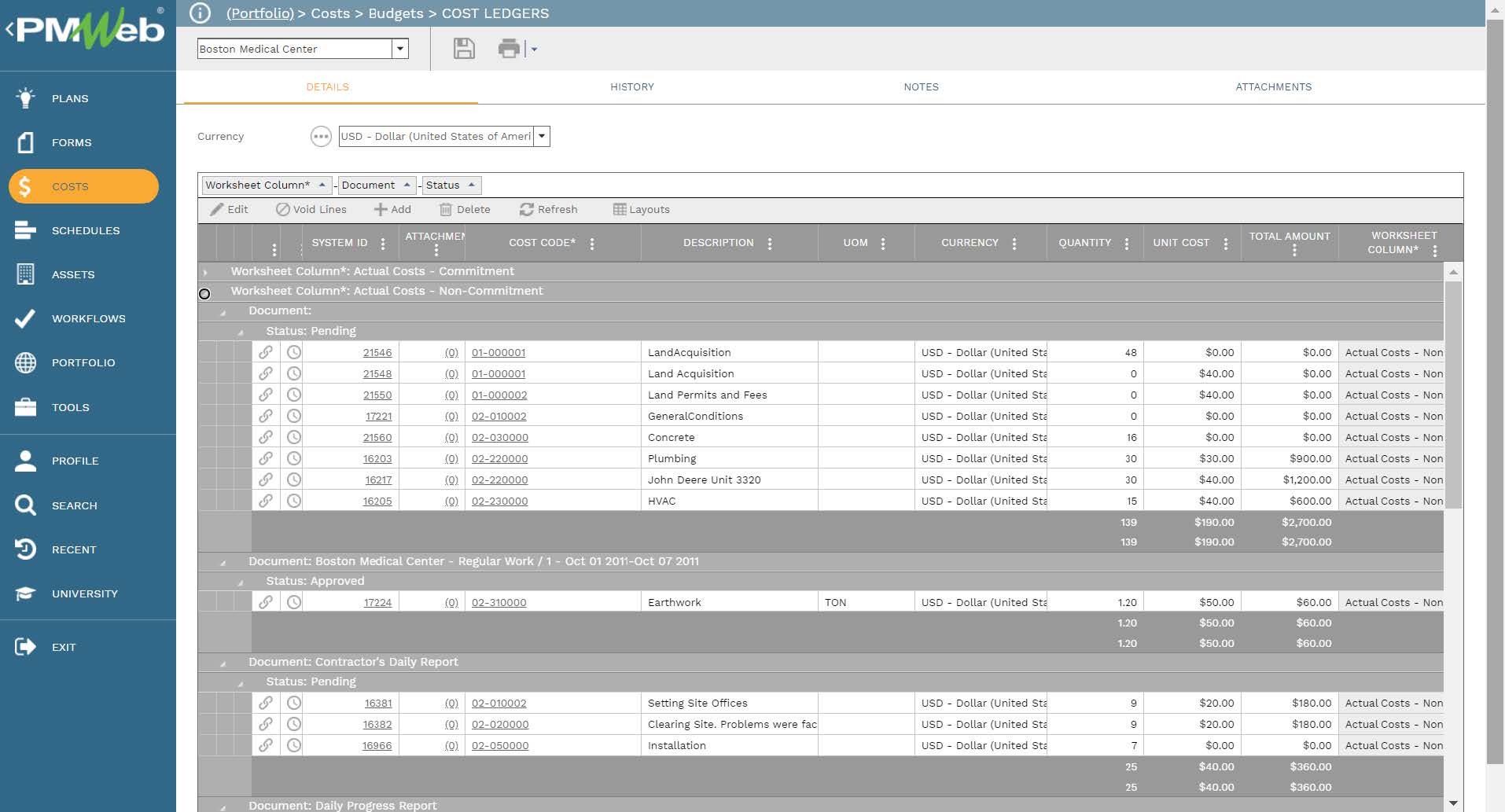 PMWeb 7 costs Budgets Cost Ledgers