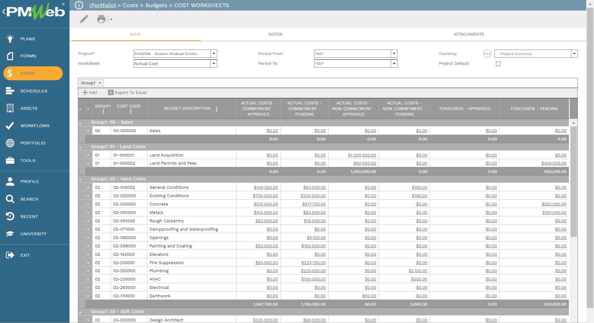 PMWeb 7 Costs Budgets Cost Worksheets 
Main 