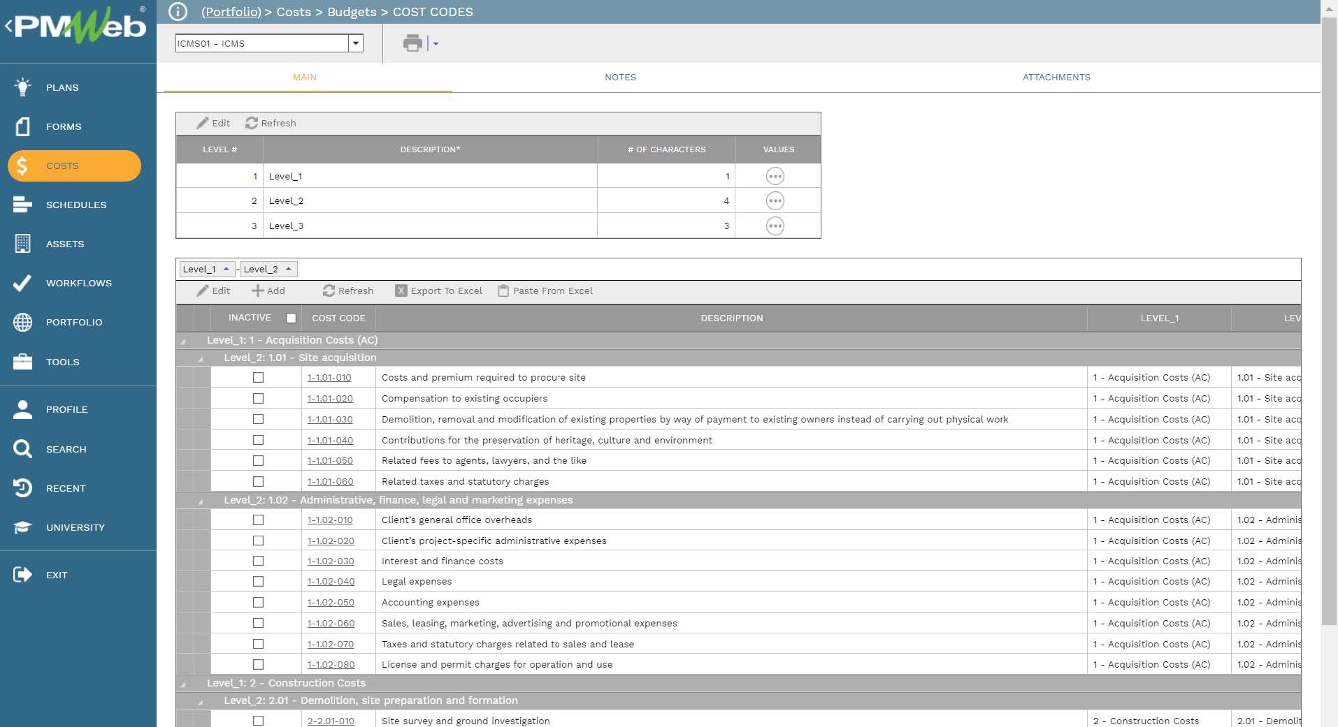 PMWeb 7 Costs Budgets Cost Codes 
Main 