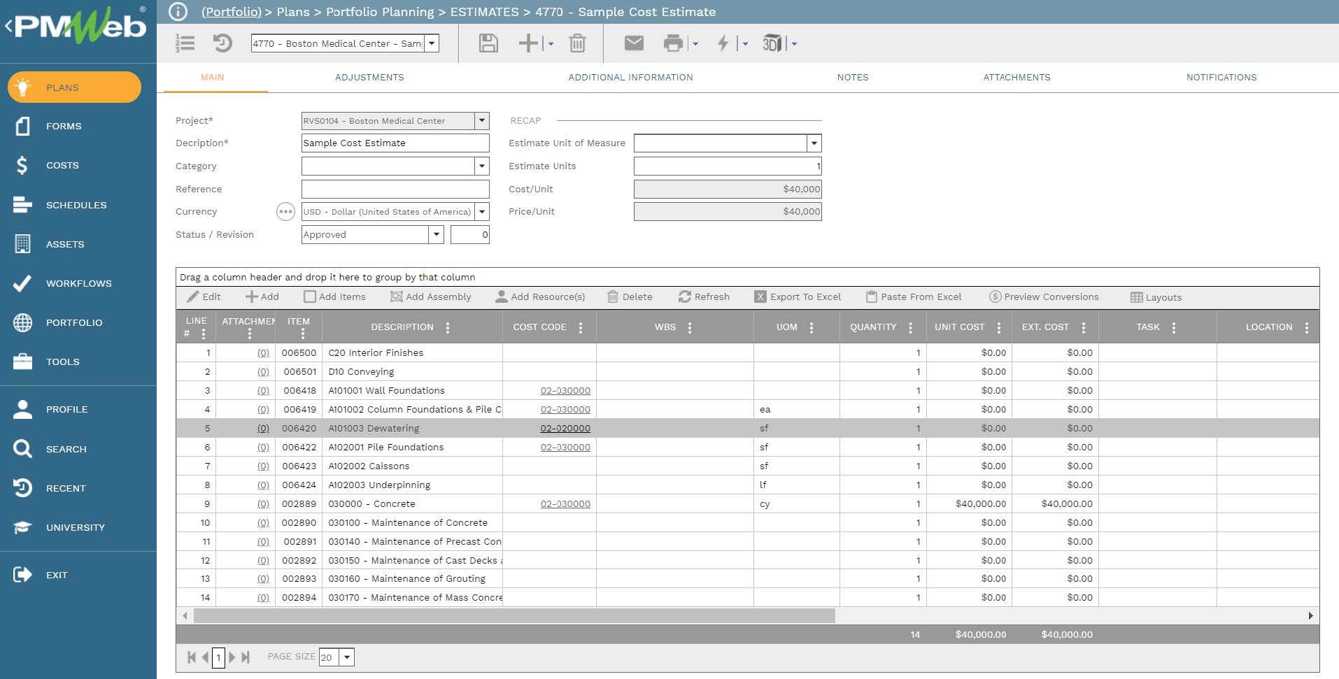 PMWeb 7 Plans Portfolio Planning Estimates Sample Cost Estimate 