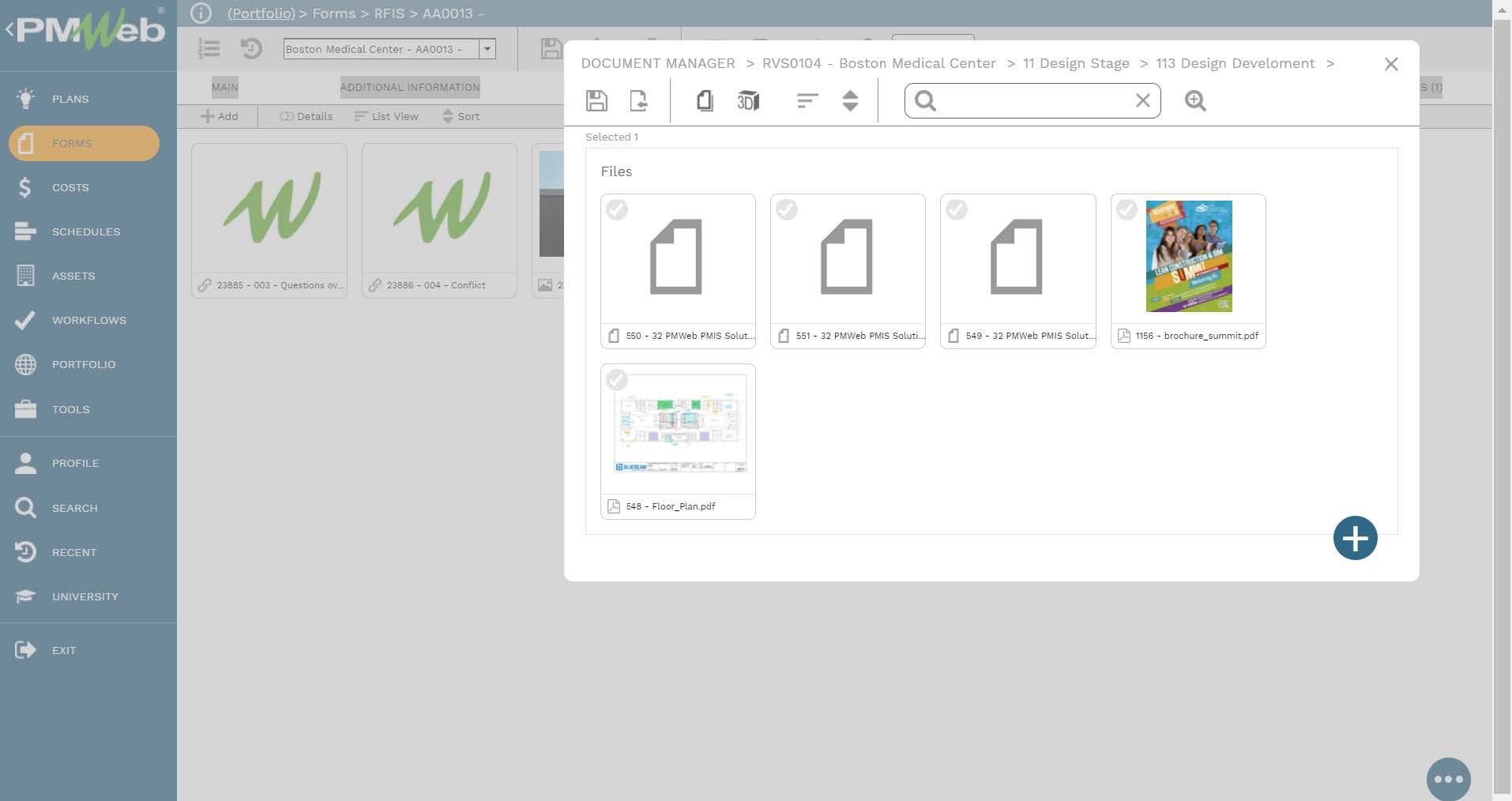 PMWeb 7 Forms RFIs Attachment 
Document Manager Boston Medical Center 11 Design Stage 113 Design Development 