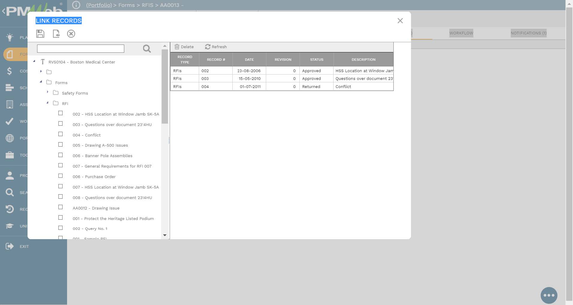 PMWeb 7 Forms RFIs Attachment 
 Link Records 