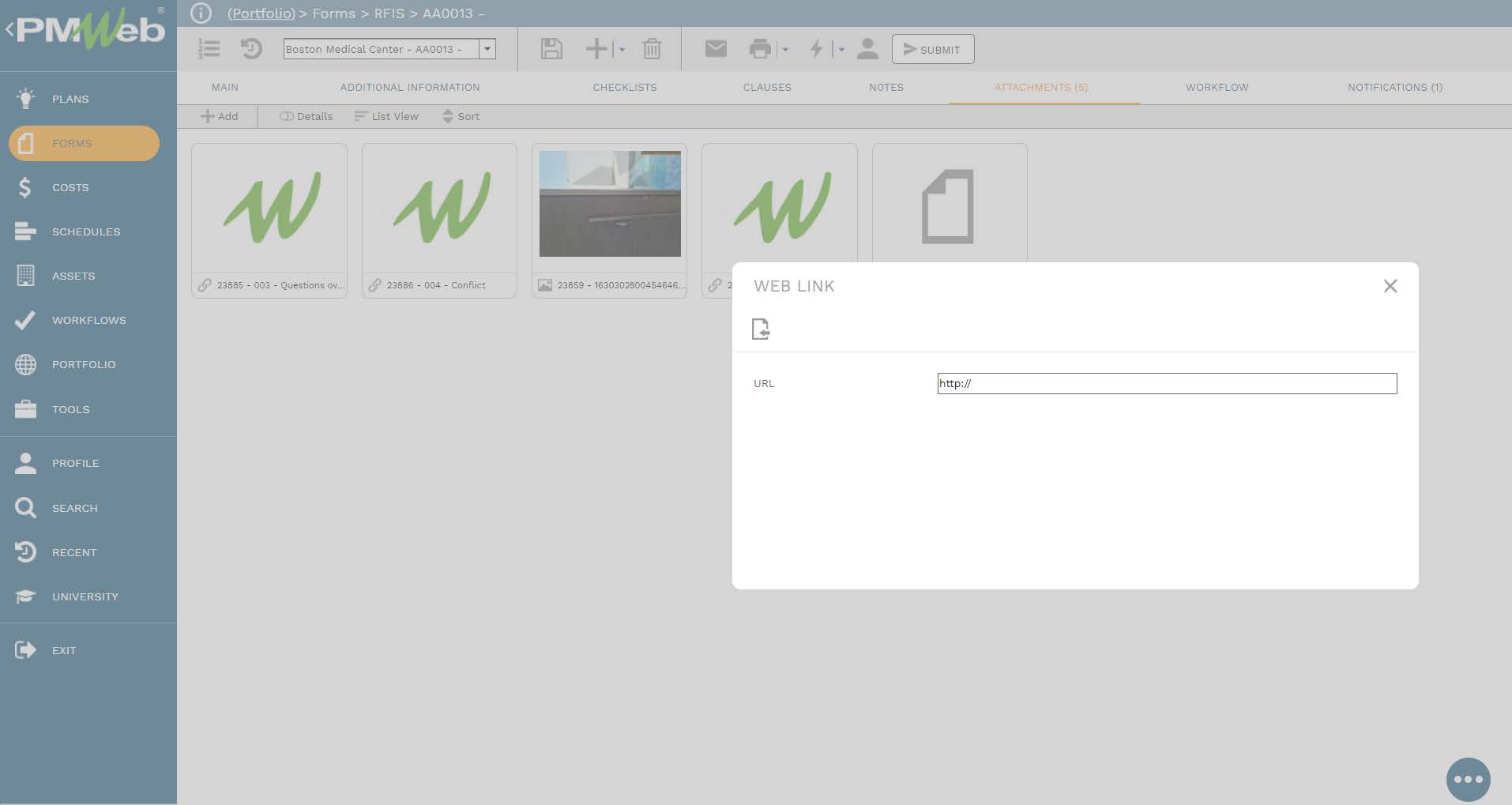 PMWeb 7 Forms RFIs Attachment 
web Link