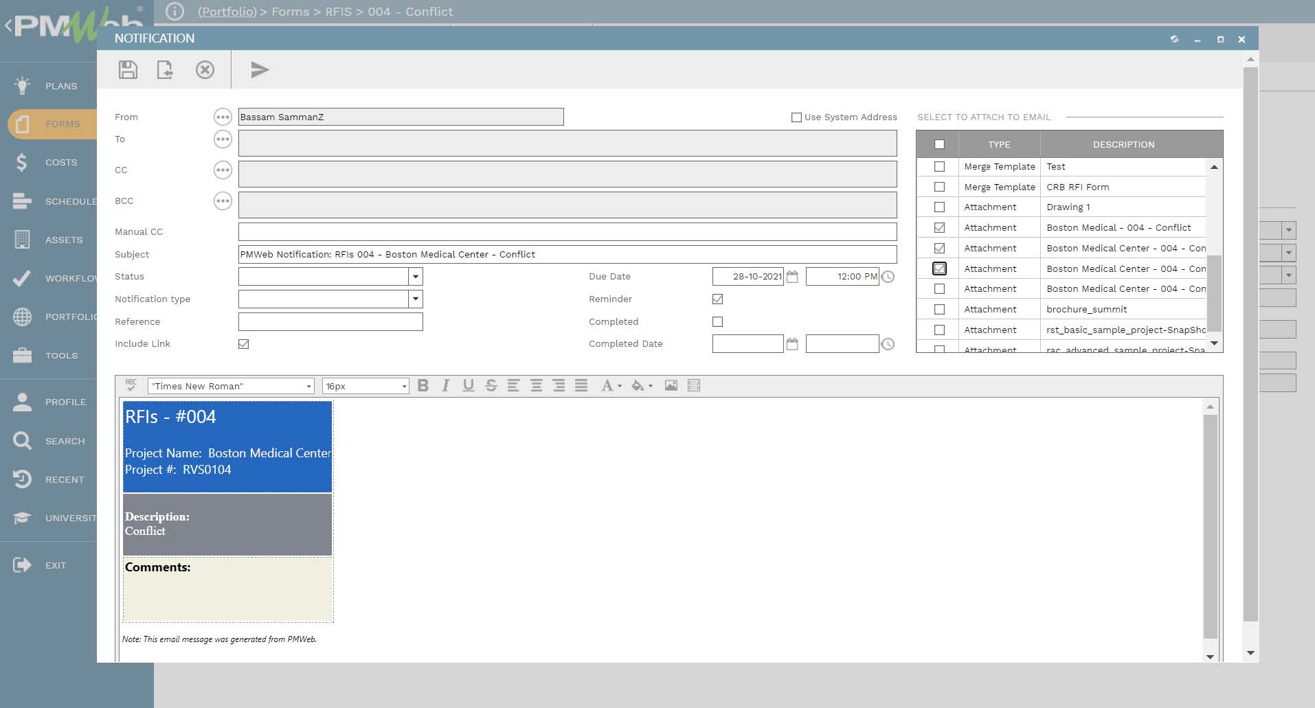 PMWeb 7 Forms RFIs Conflict 
Notification 