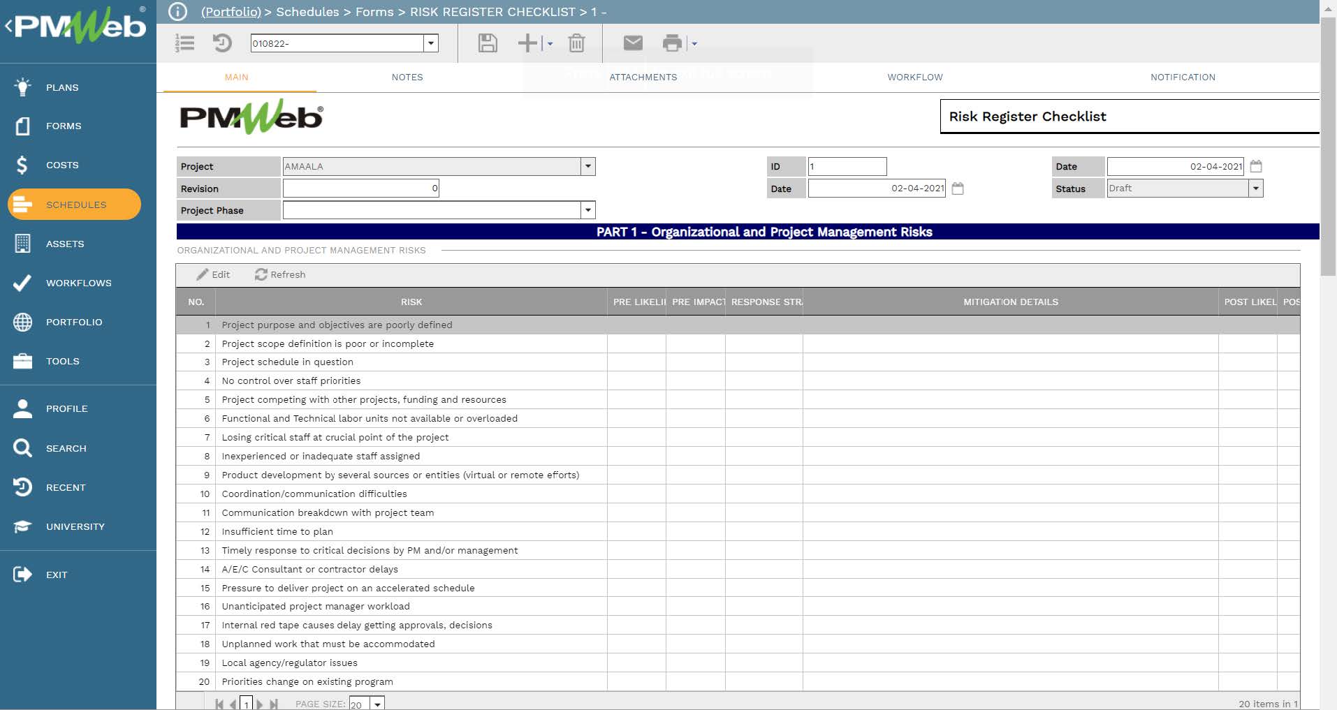 PMWeb 7 Schedules Forms Risk Register Checklist for Profit Investment Ratio 