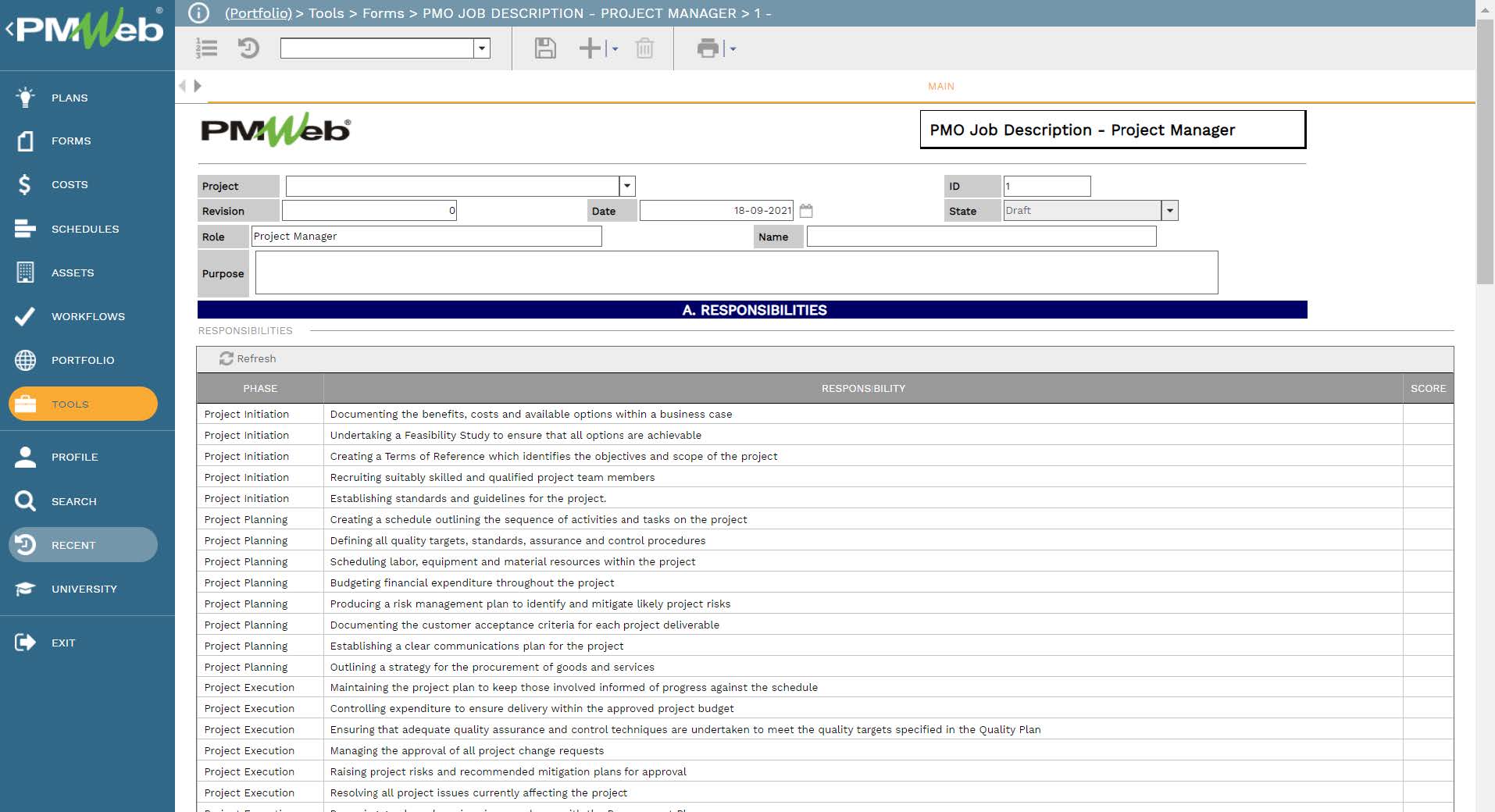 PMWeb 7 Tools Forms PMO JOB Description Project Manager 
Main