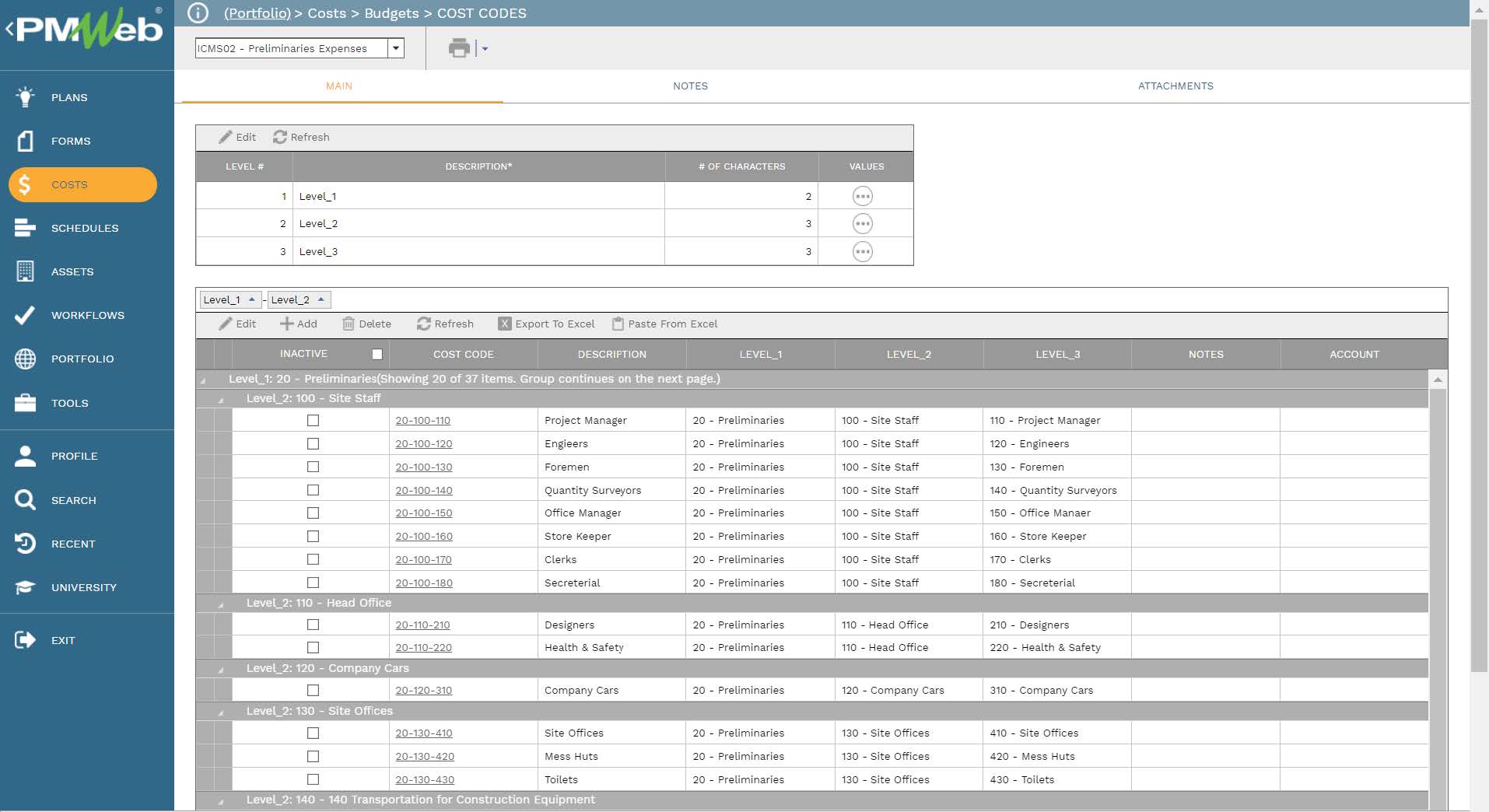 PMWeb 7 Costs Budgets Cost Codes 
Main 