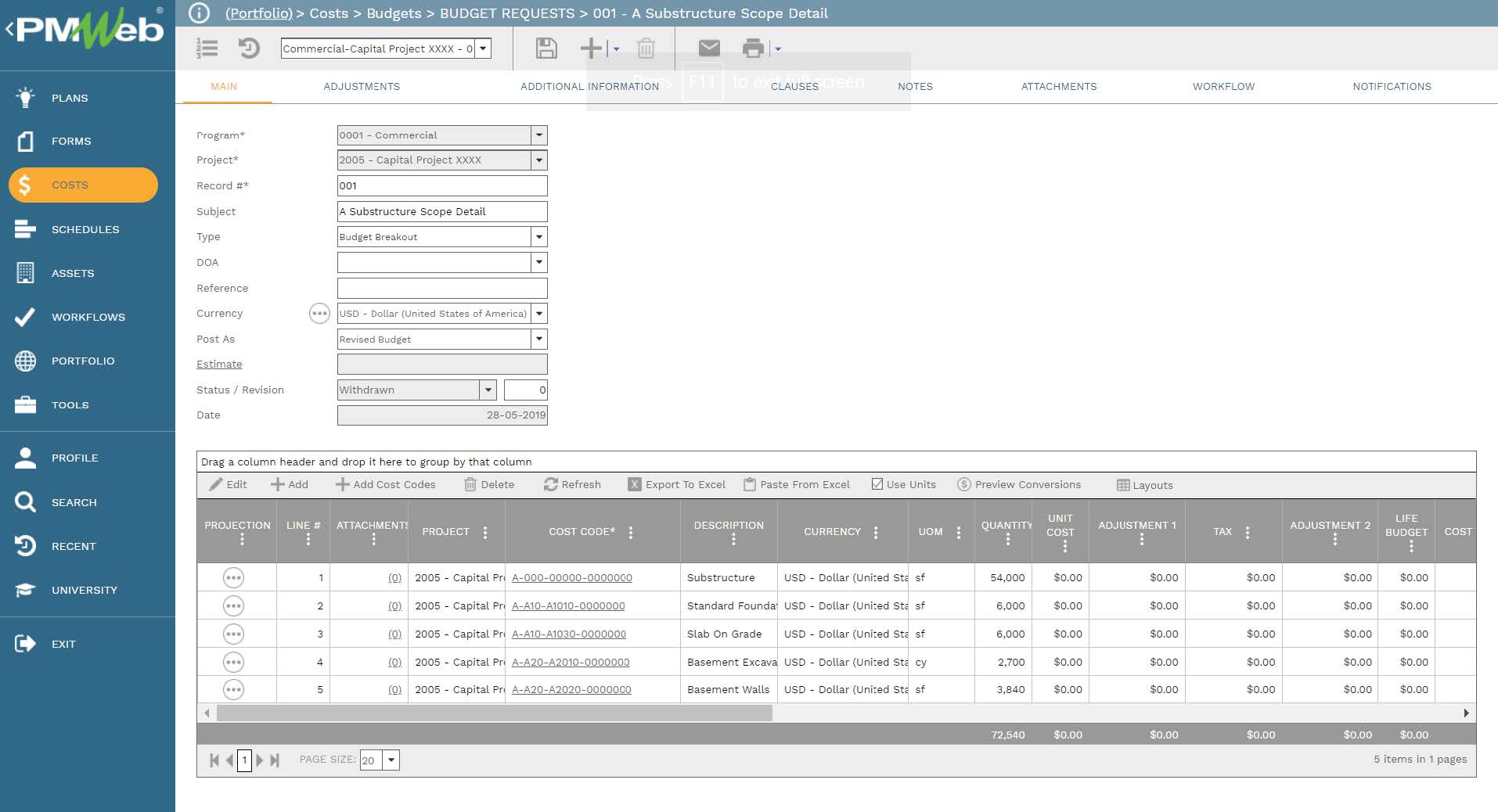 PMWeb 7 Costs Budgets Budget Requests A Substructure Scope Detail 
Main 