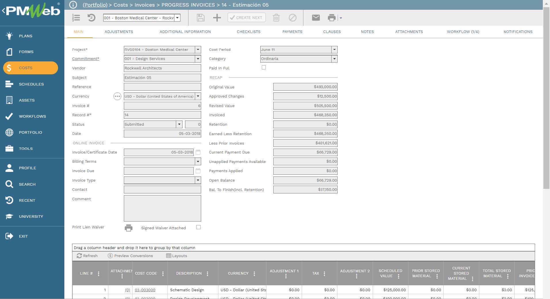 PMWeb 7 Costs Invoices Progress Invoices Estimation 
Main 