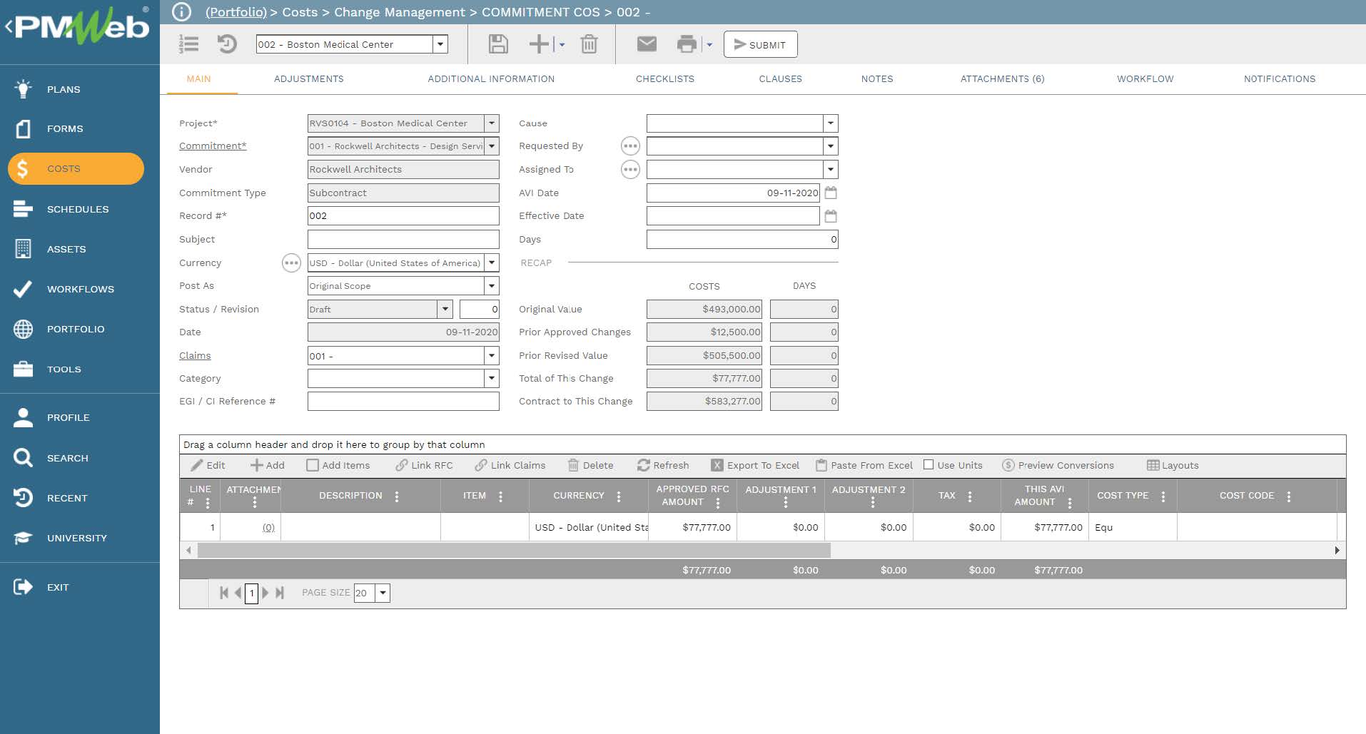 PMWeb 7 Costs Change Managment Commitment COS 
Main 