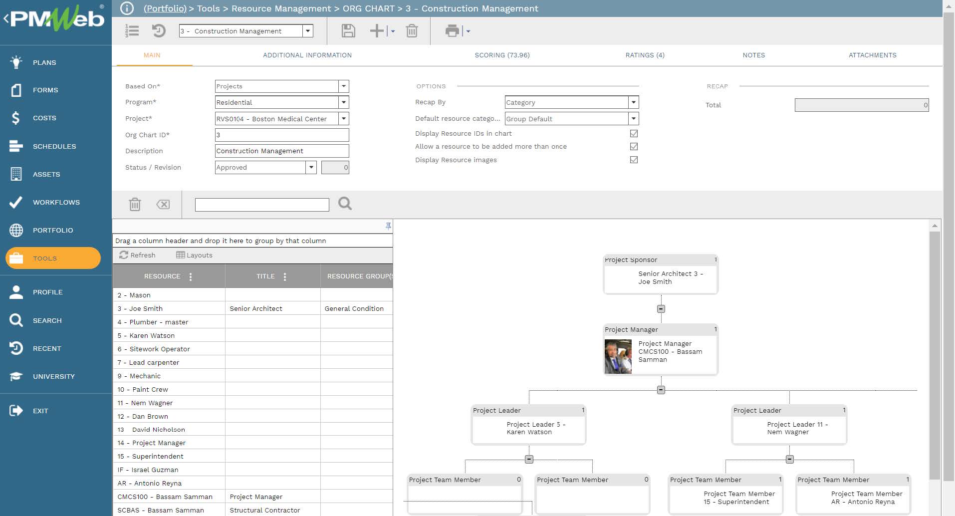 PMWeb 7 Tools Resource Management ORG Chart Construction Management 
Main