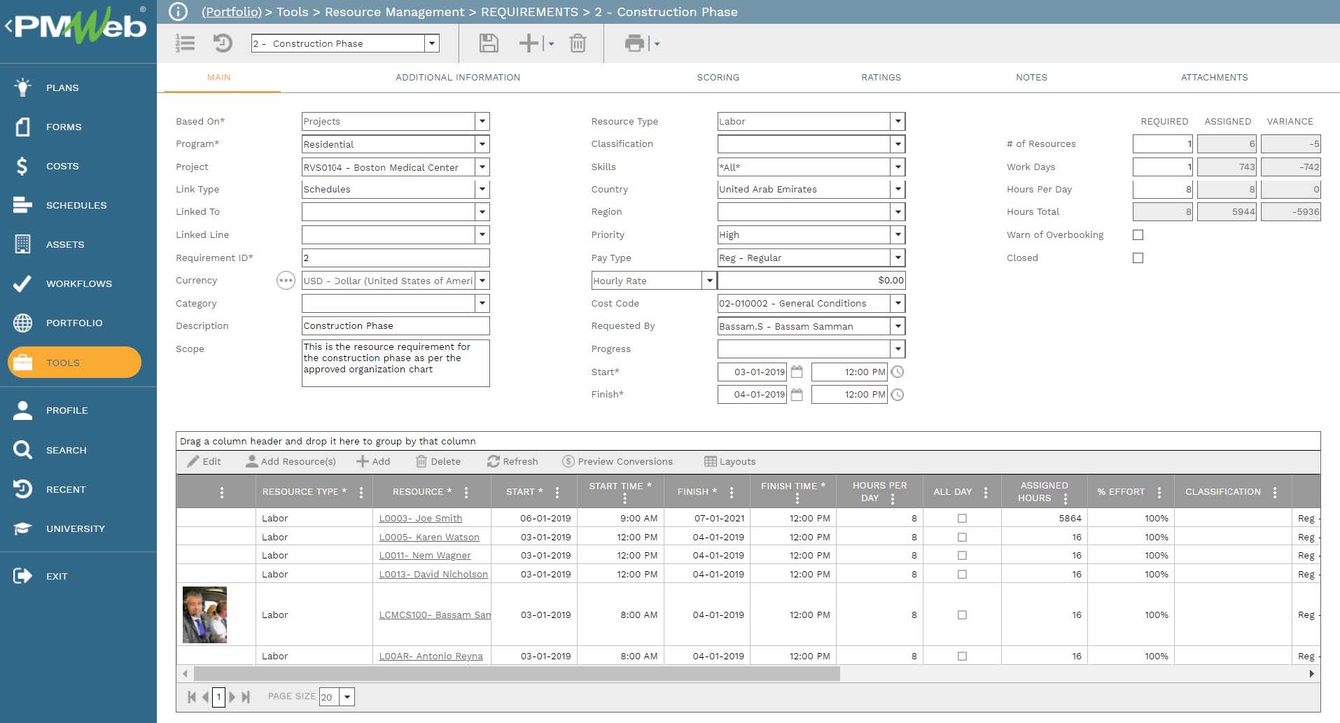 PMWeb 7 Tools Resource Management Requirements Construction Phase 
Main 