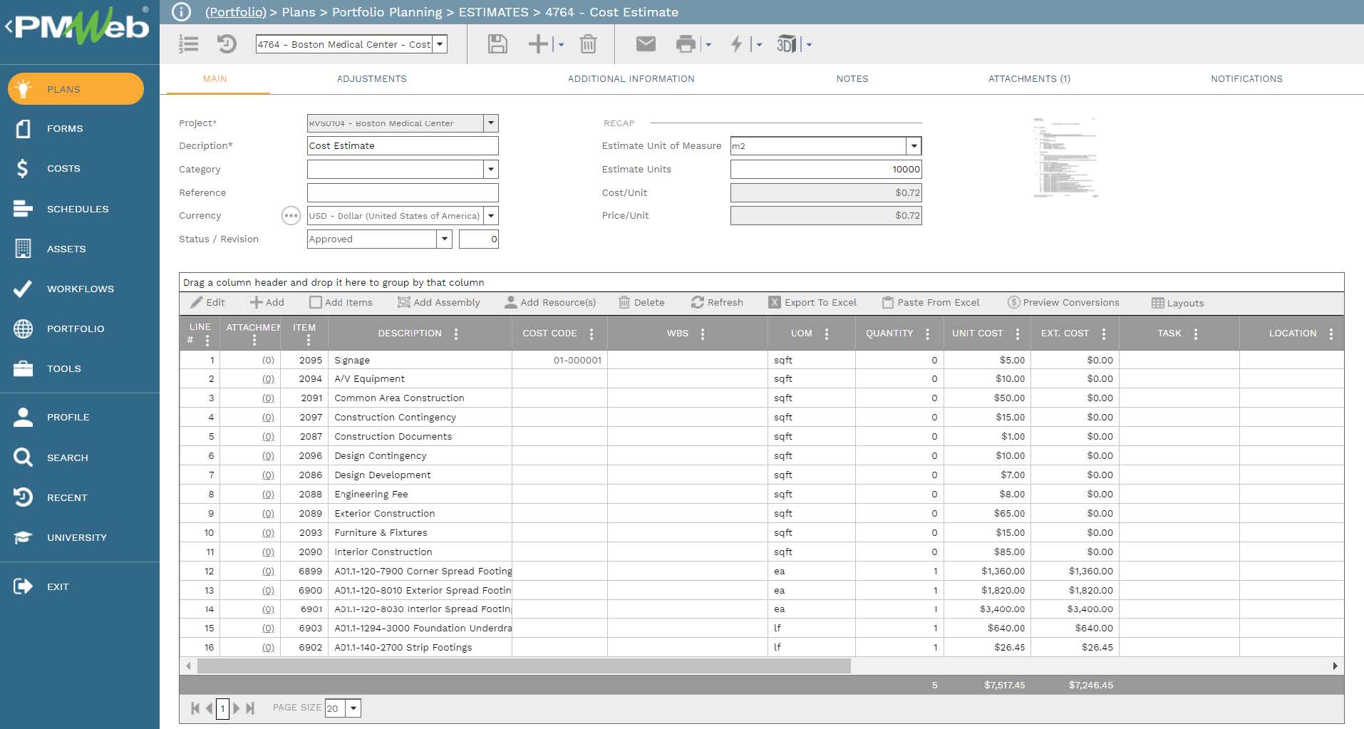 PMWeb 7 Plans Portfolio Planning Estimates Cost Estimate 
Main 