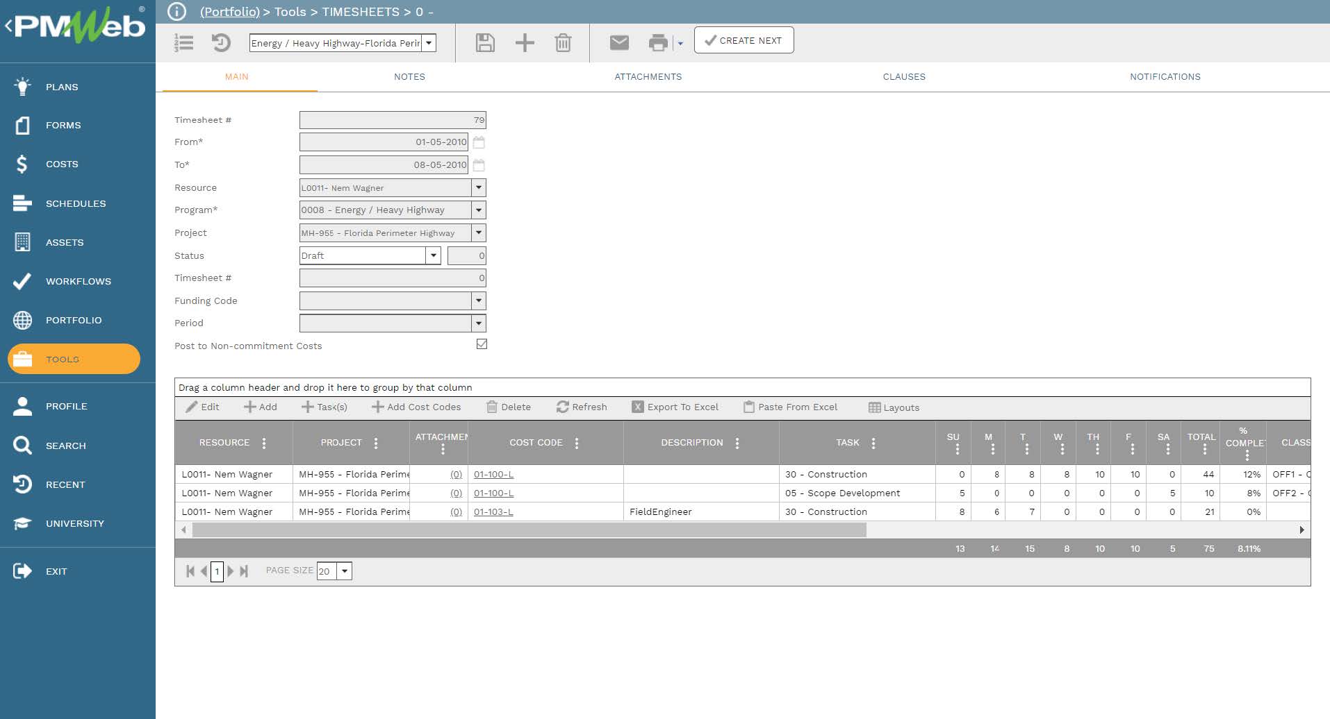 PMWeb 7 Tools Timesheets 
Main 