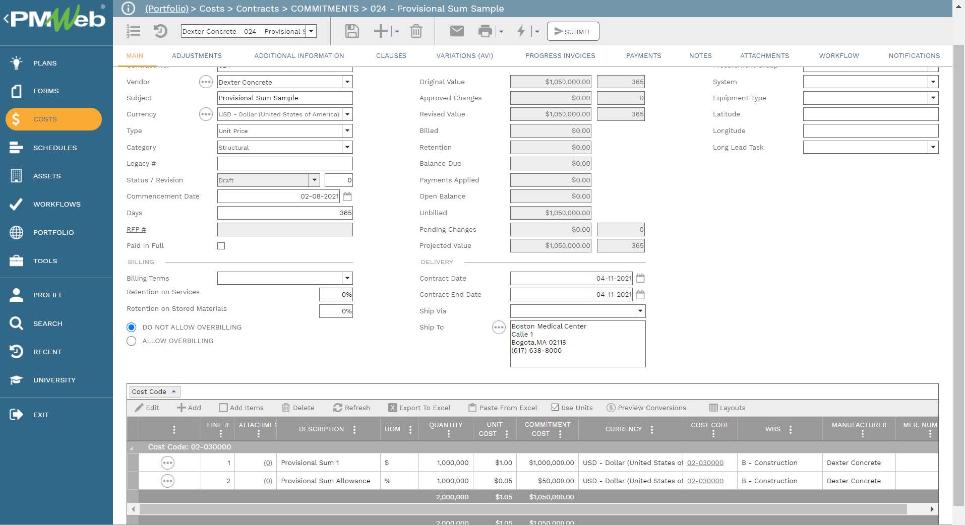 PMWeb 7 Costs Contracts Commitments Provisional Sum Sample 
Main