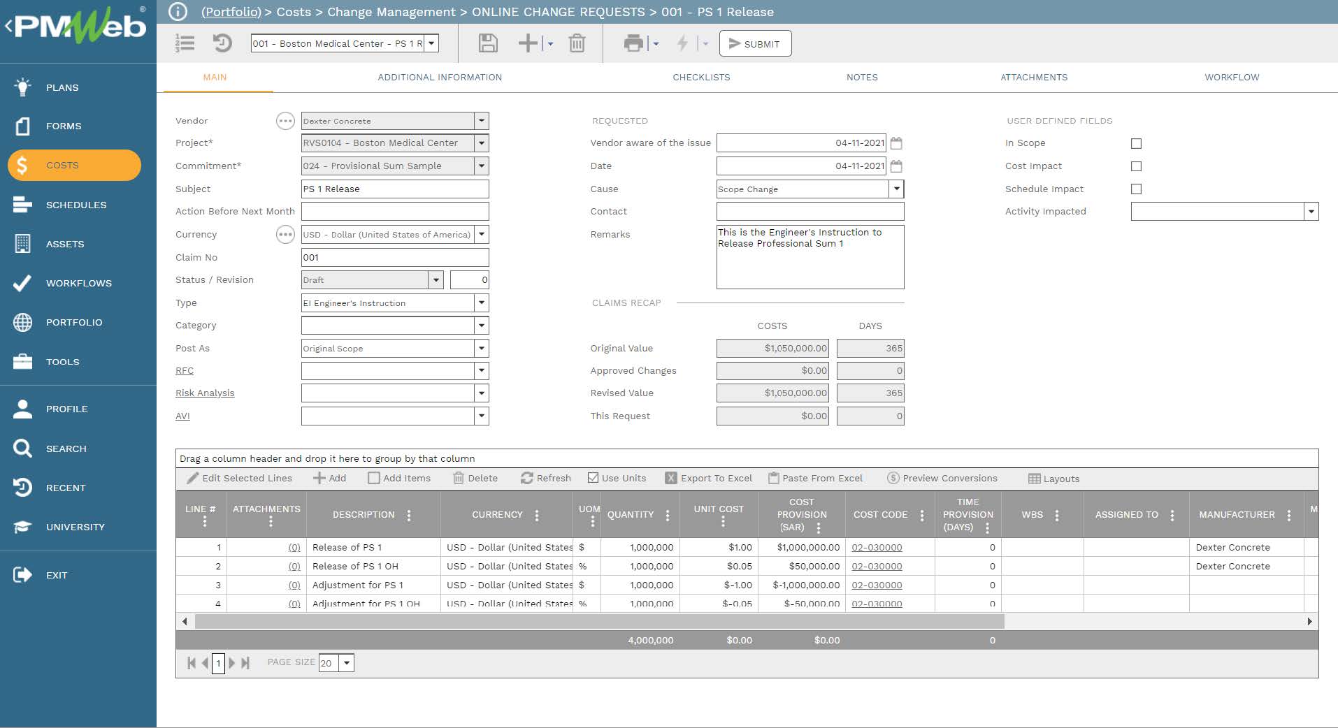 PMWeb 7 Costs Change Managment Online Change Requests PS Release 
Main