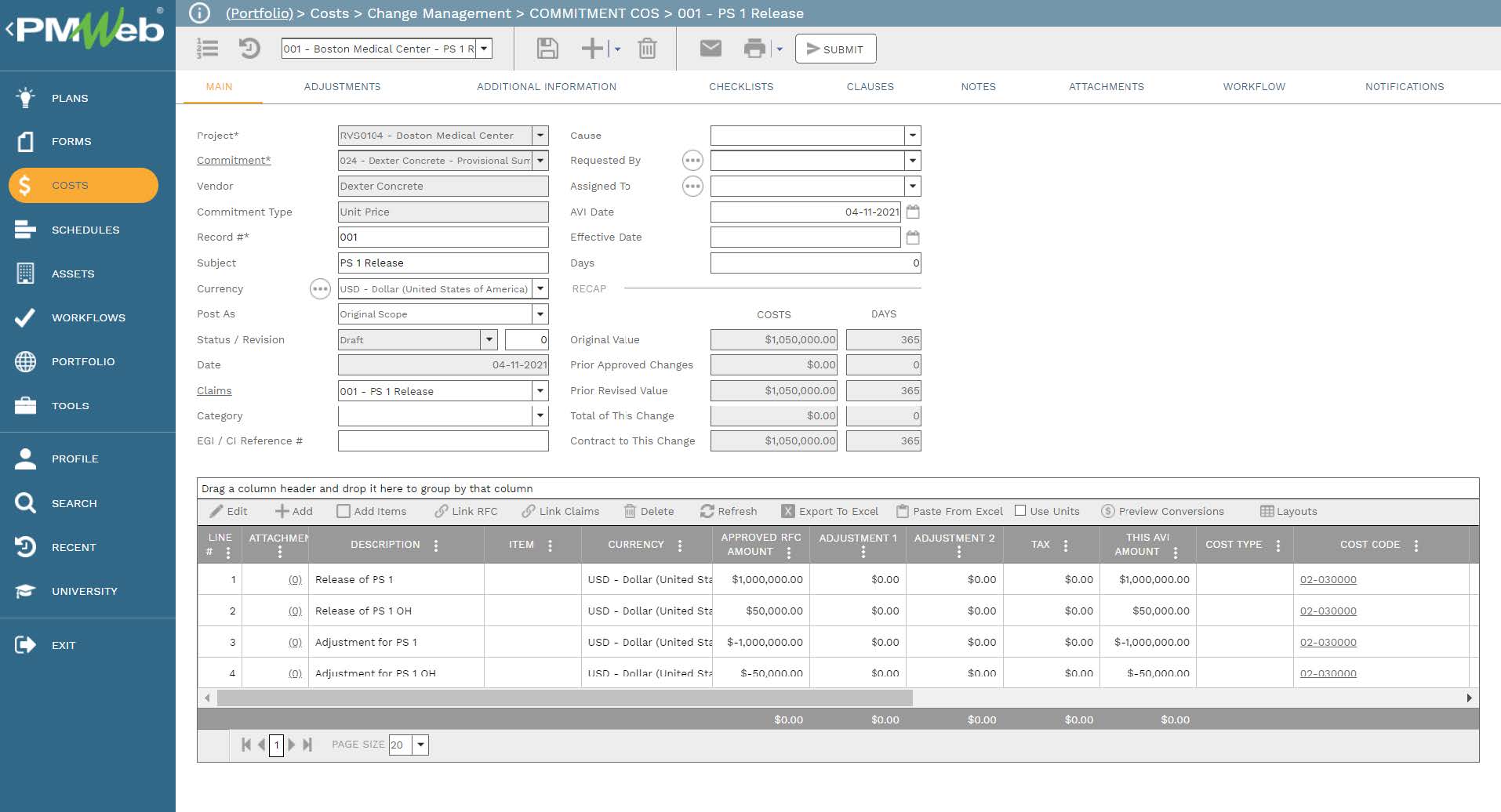 PMWeb 7 Costs Change Management Commitment COS PS Release 
Main