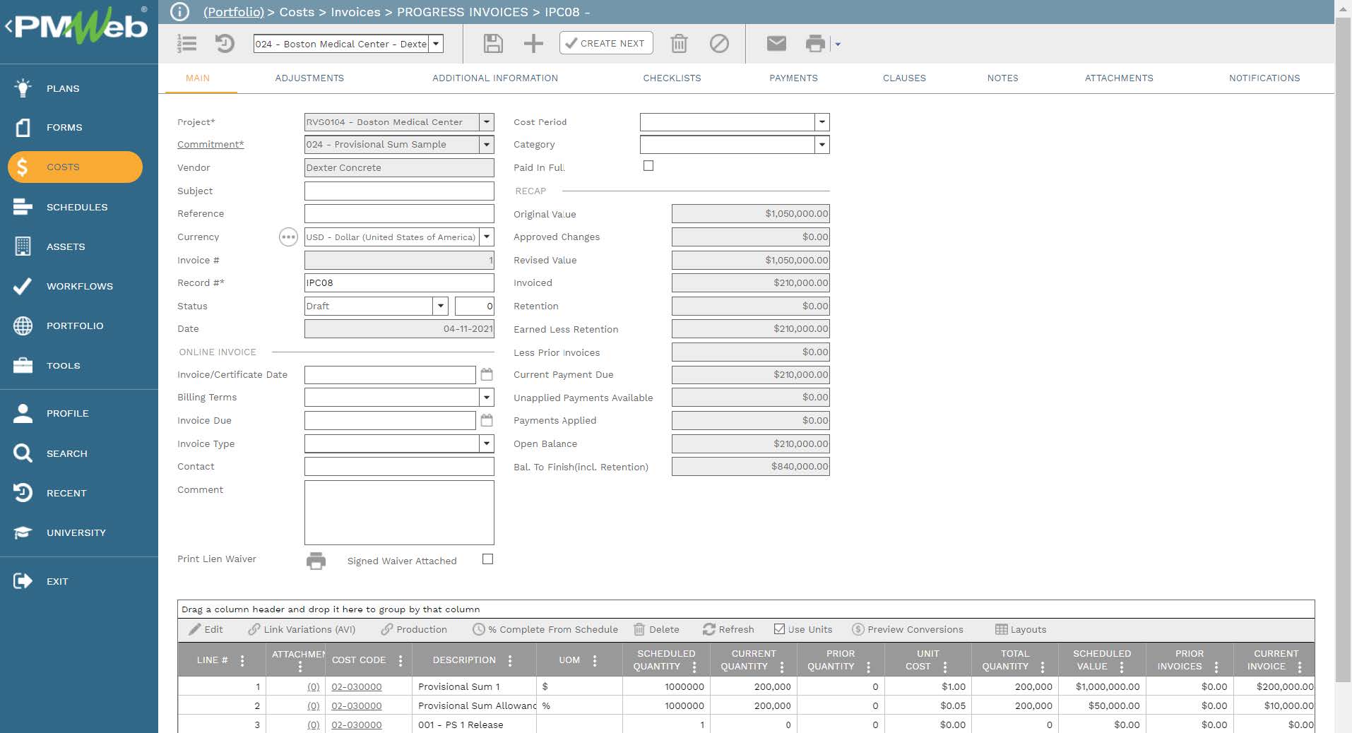 PMWeb 7 Costs Invoices Progresses Invoices IPC08 
Main 